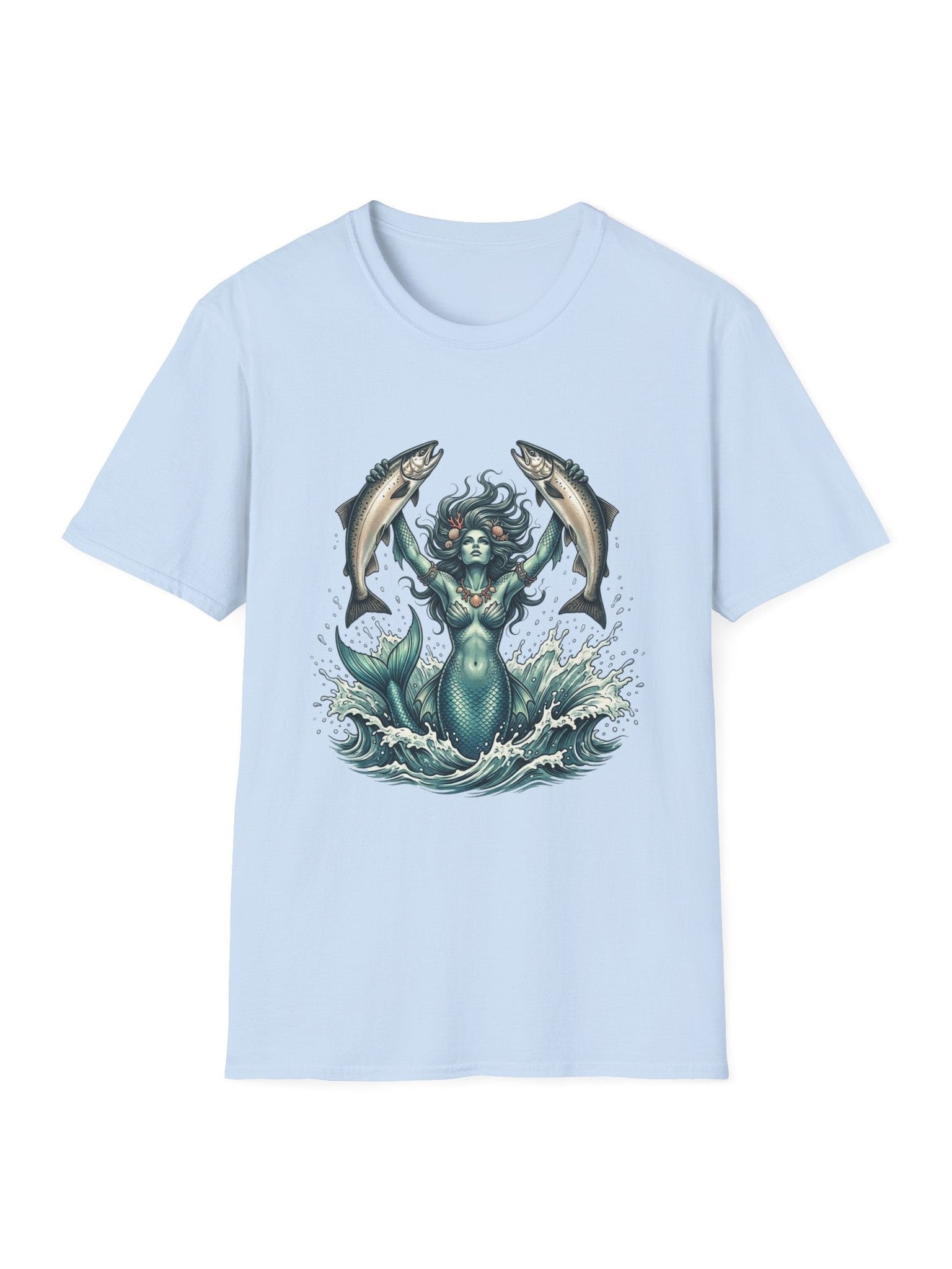 Mermaid & Salmon Graphic T-Shirt — Ocean Wave Fantasy Tee