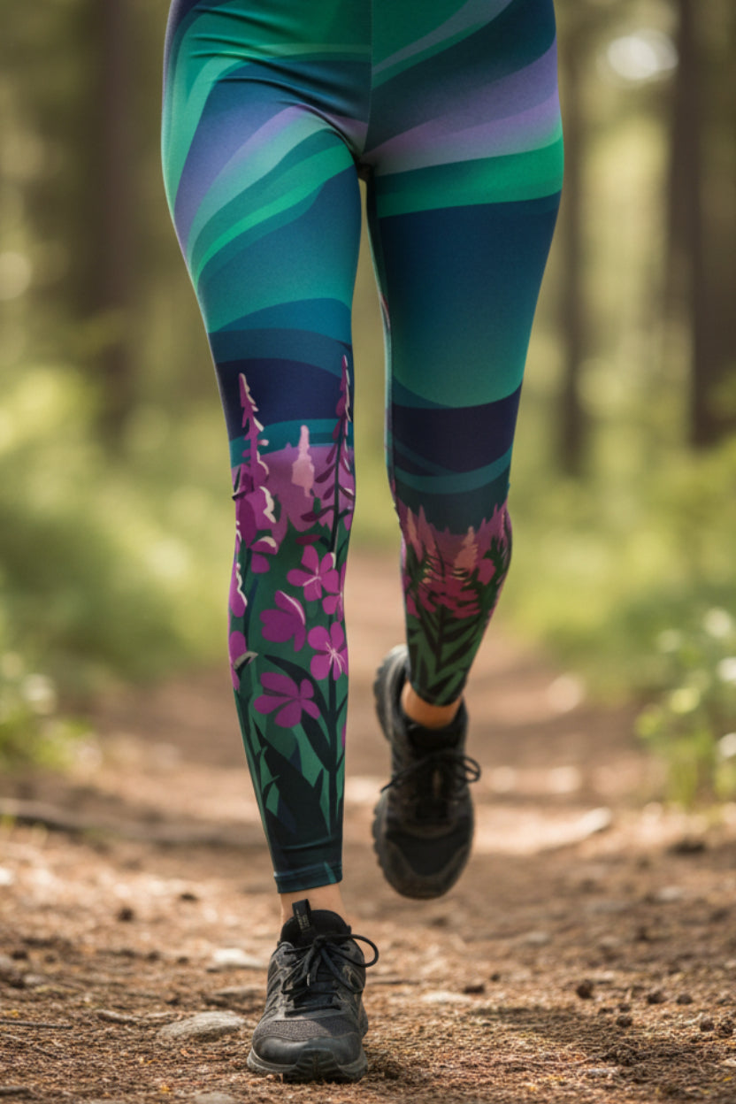 Northern Lights Floral Leggings — Aurora Night Sky Printed Leggings