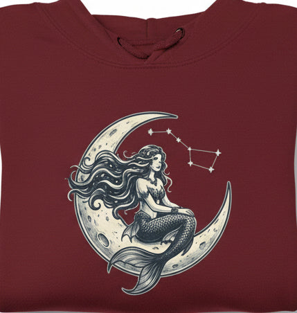 Moon Mermaid Hoodie — Vintage Crescent Moon Mermaid Graphic Fleece Hoodie