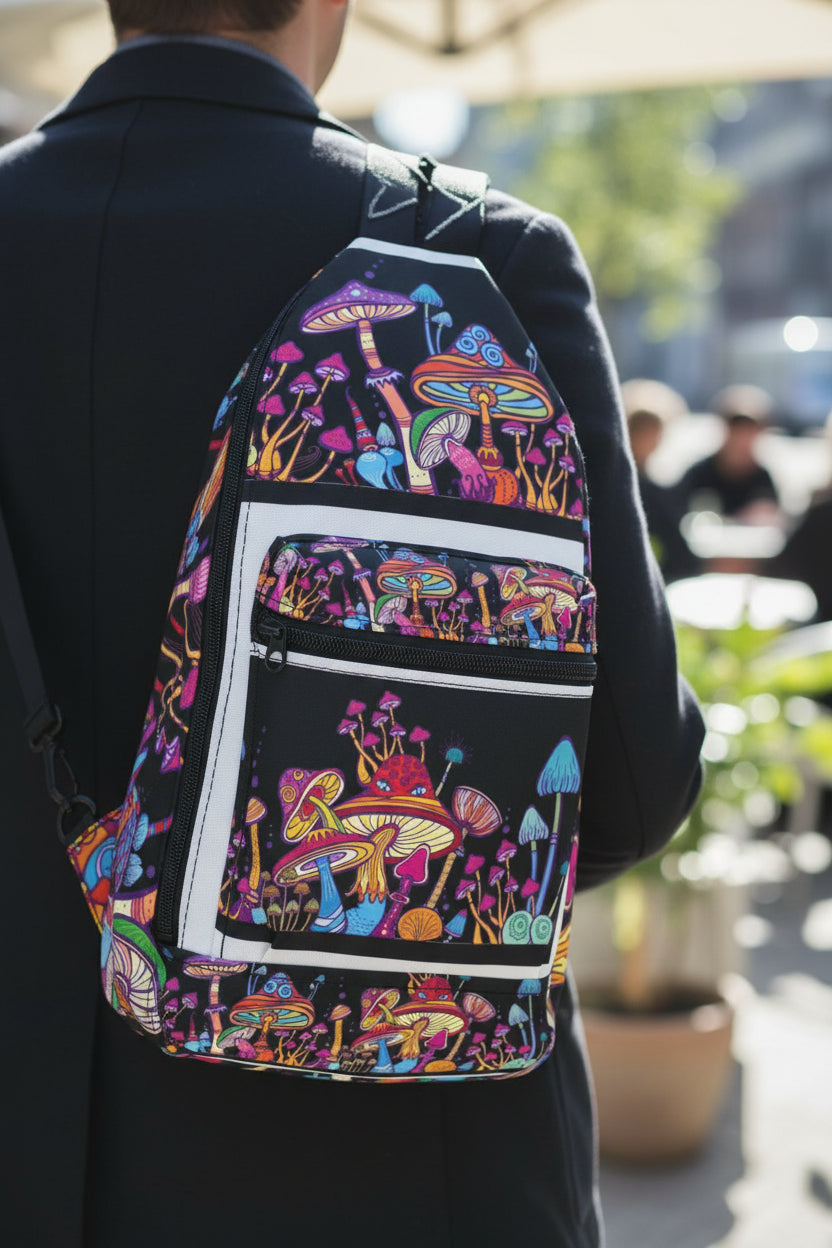 Psychedelic Mushroom Sling Bag — Colorful Neon Fungi Crossbody