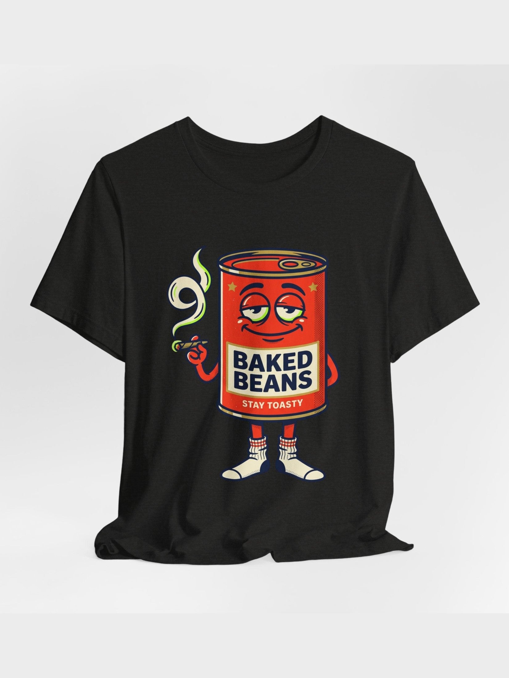 Baked Beans Graphic Tee — Retro Cartoon 'Stay Toasty' Can Design