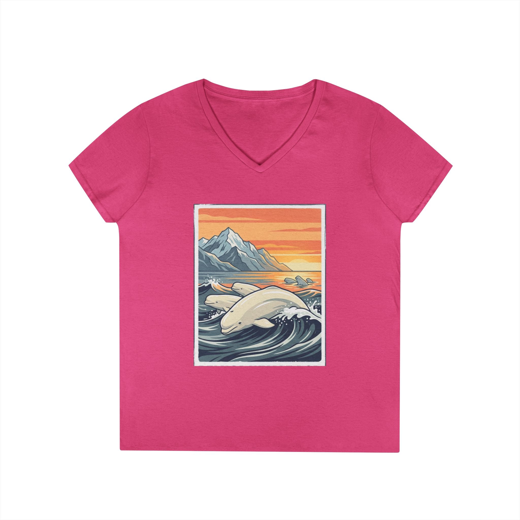 Sunset Beluga V-Neck T-Shirt — Whale Ocean Graphic Tee for Women