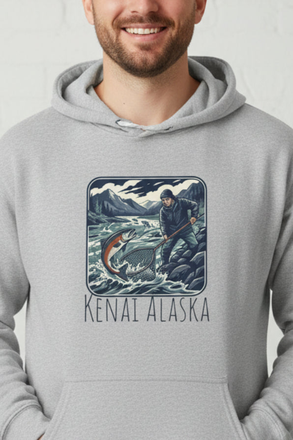 Kenai Alaska Fishing Hoodie – Vintage Salmon & River Scene