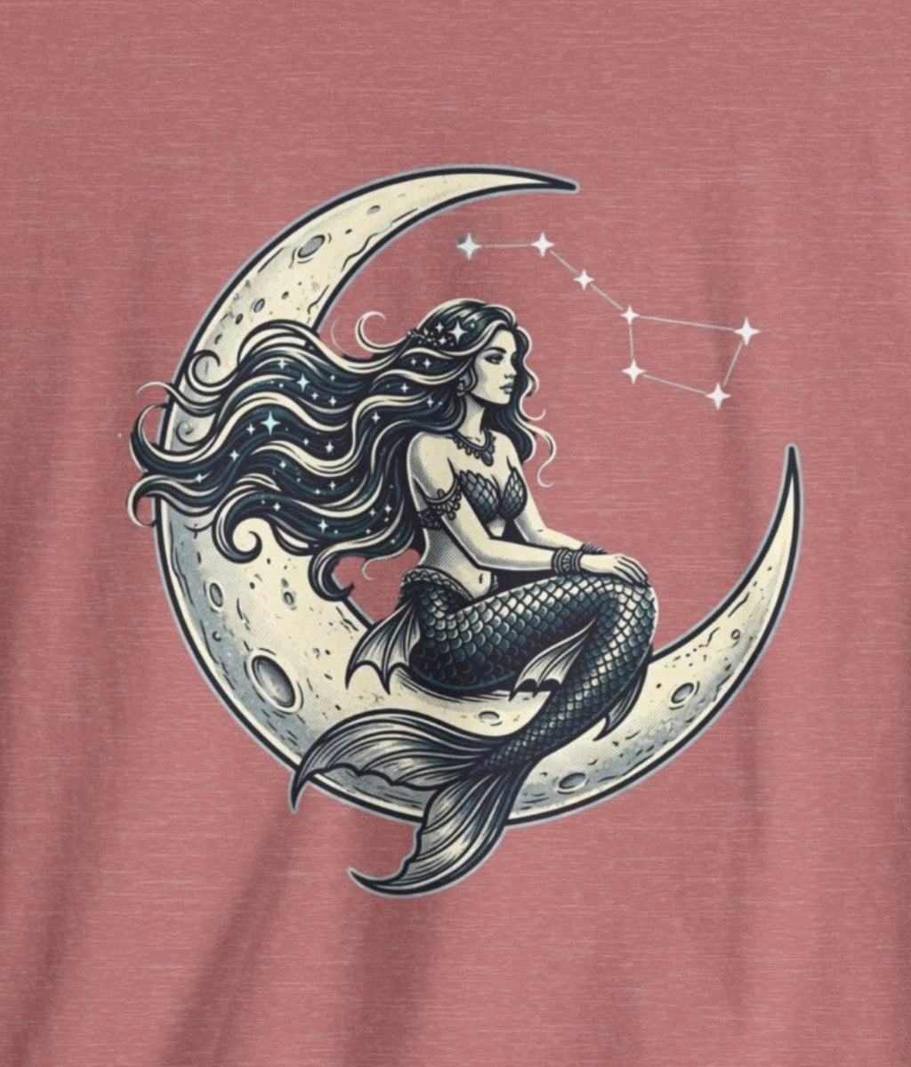 Moonlit Mermaid Graphic Tee — Vintage Crescent Moon Design