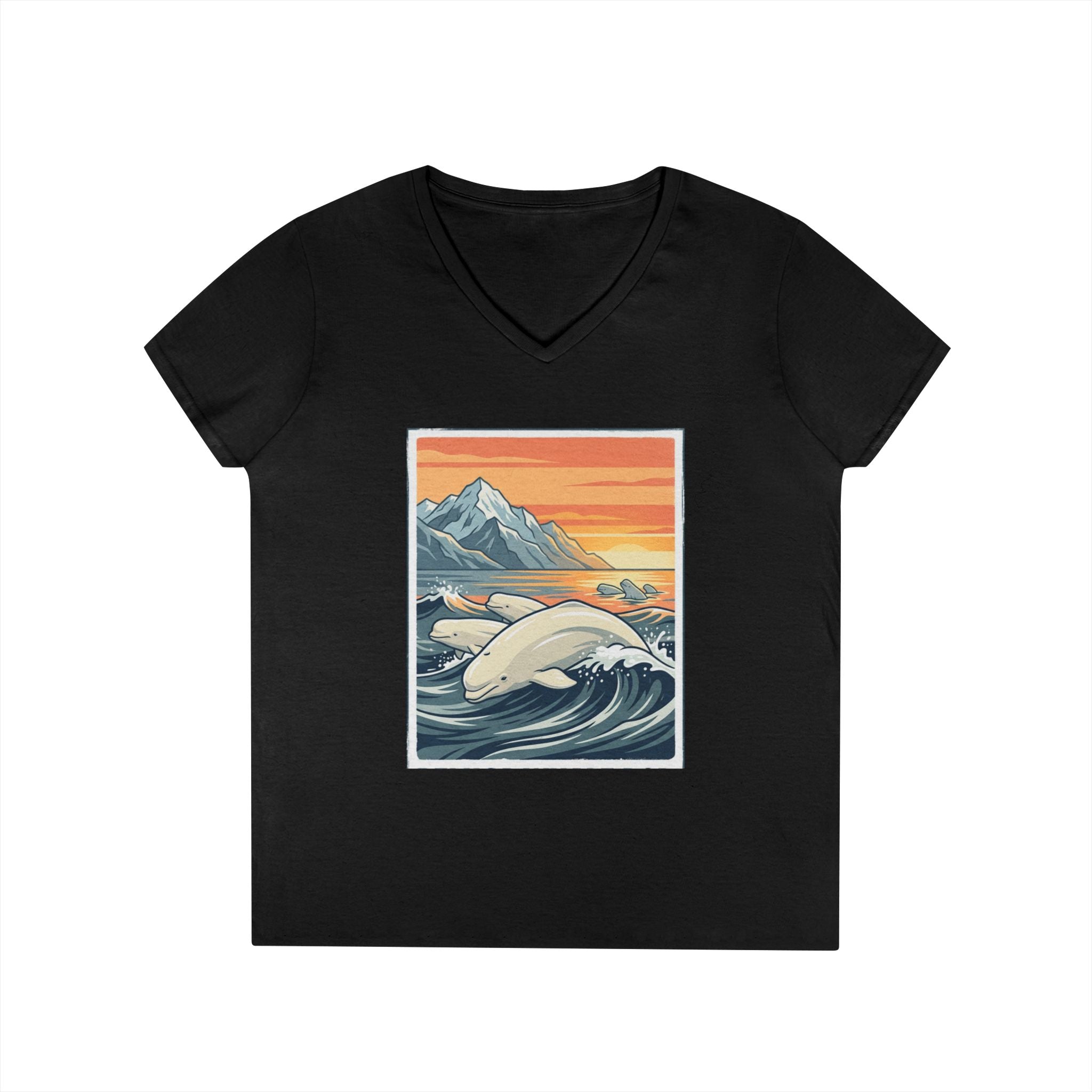 Sunset Beluga V-Neck T-Shirt — Whale Ocean Graphic Tee for Women
