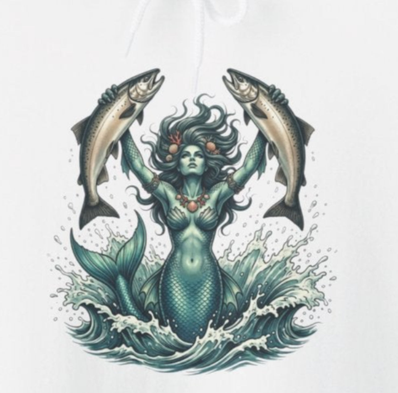 Sea Guardian Hoodie — Mythical Mermaid with Her Salmon