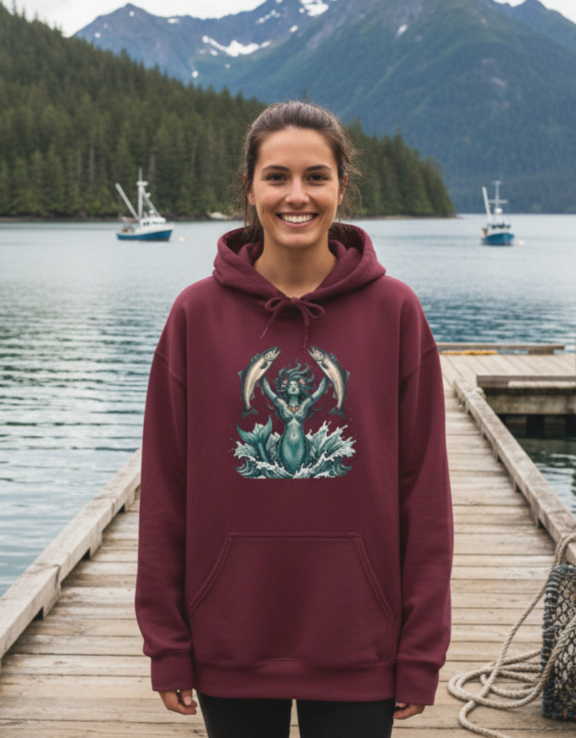 Sea Guardian Hoodie — Mythical Mermaid with Her Salmon
