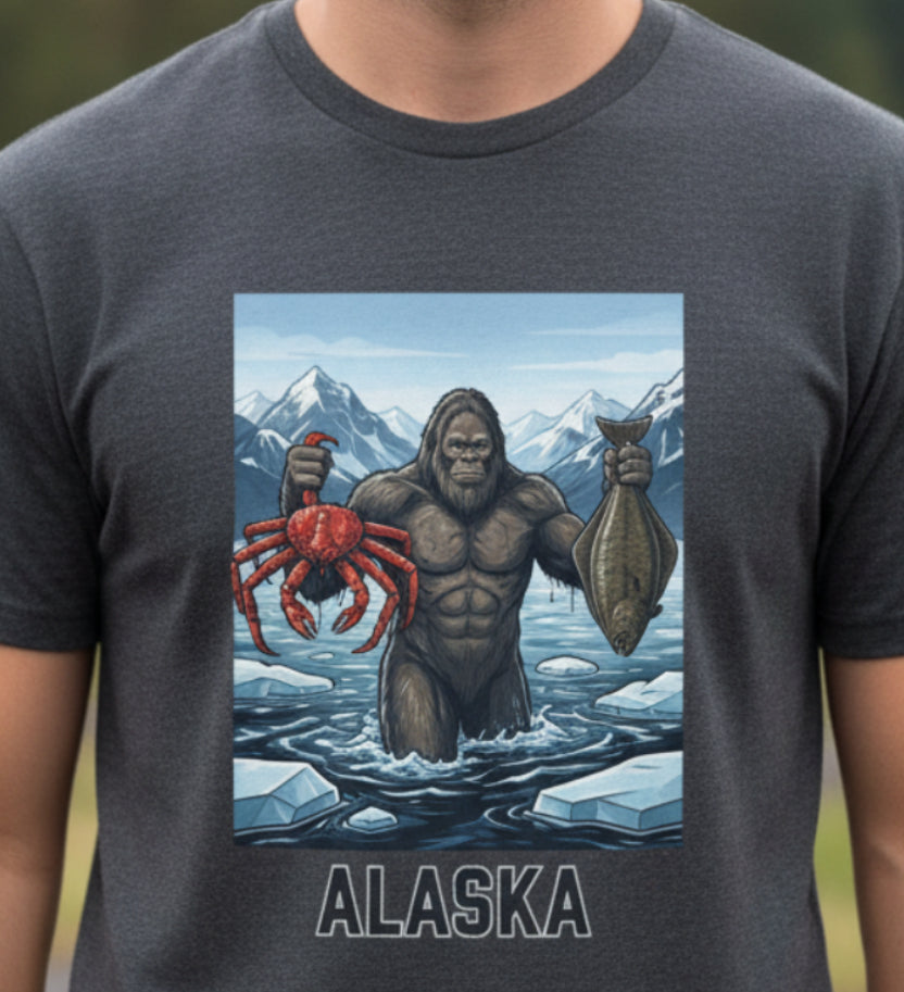 Alaska Sasquatch Holding Crab & Fish T‑Shirt — Funny Alaska Vacation Tee