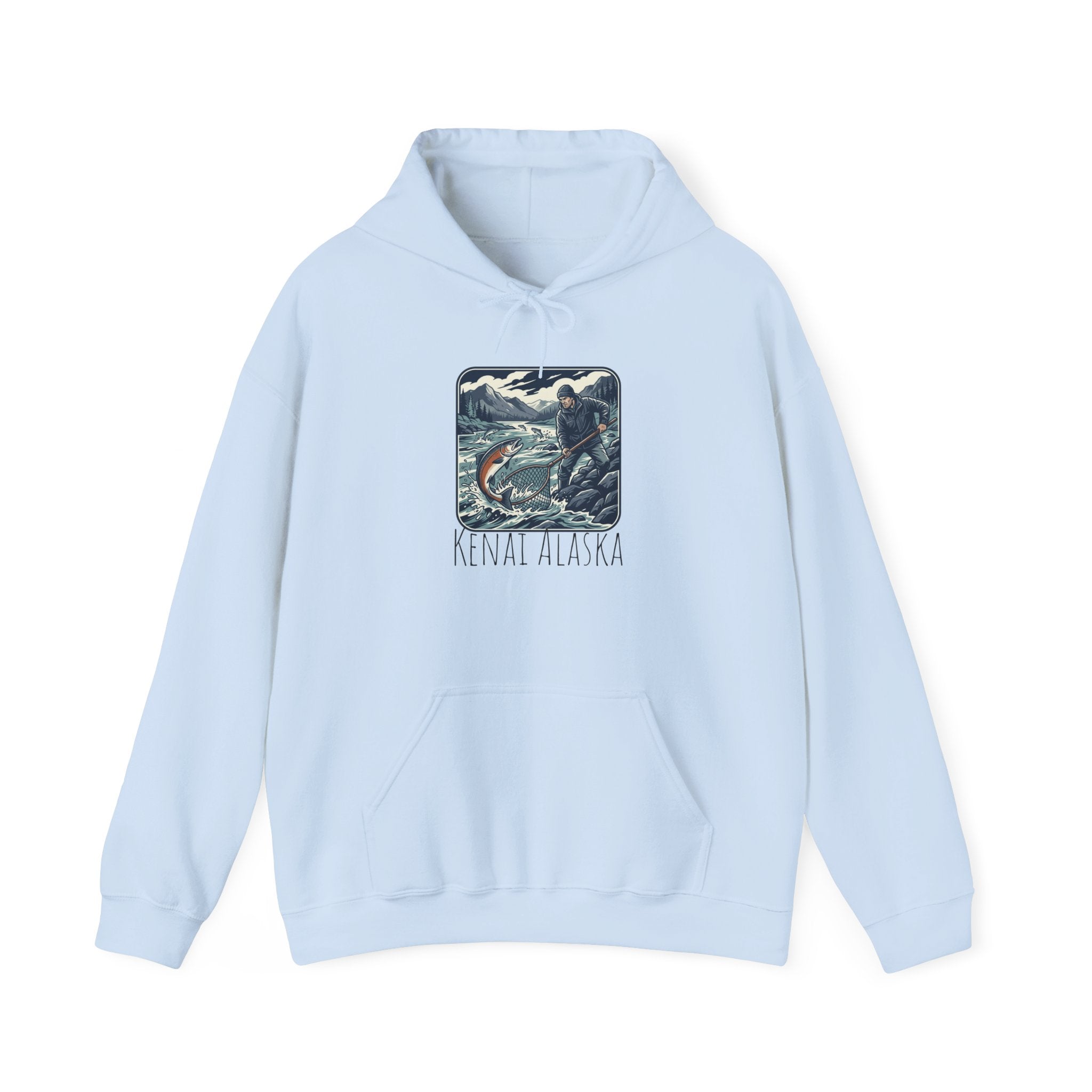 Kenai Alaska Fishing Hoodie – Vintage Salmon & River Scene