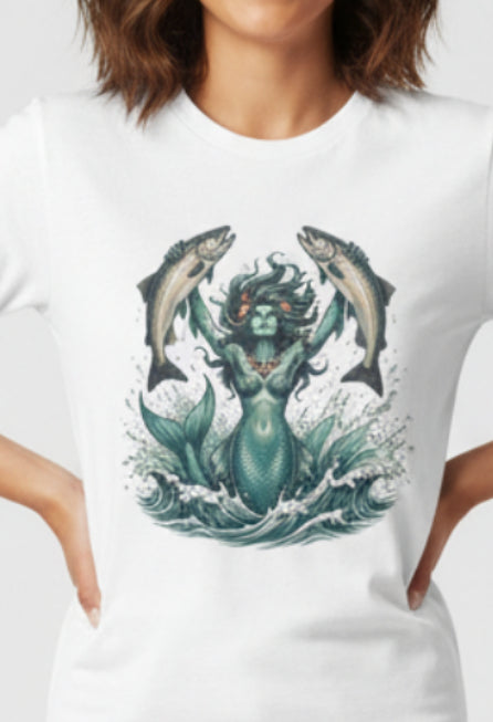 Mermaid & Salmon Graphic T-Shirt — Ocean Wave Fantasy Tee