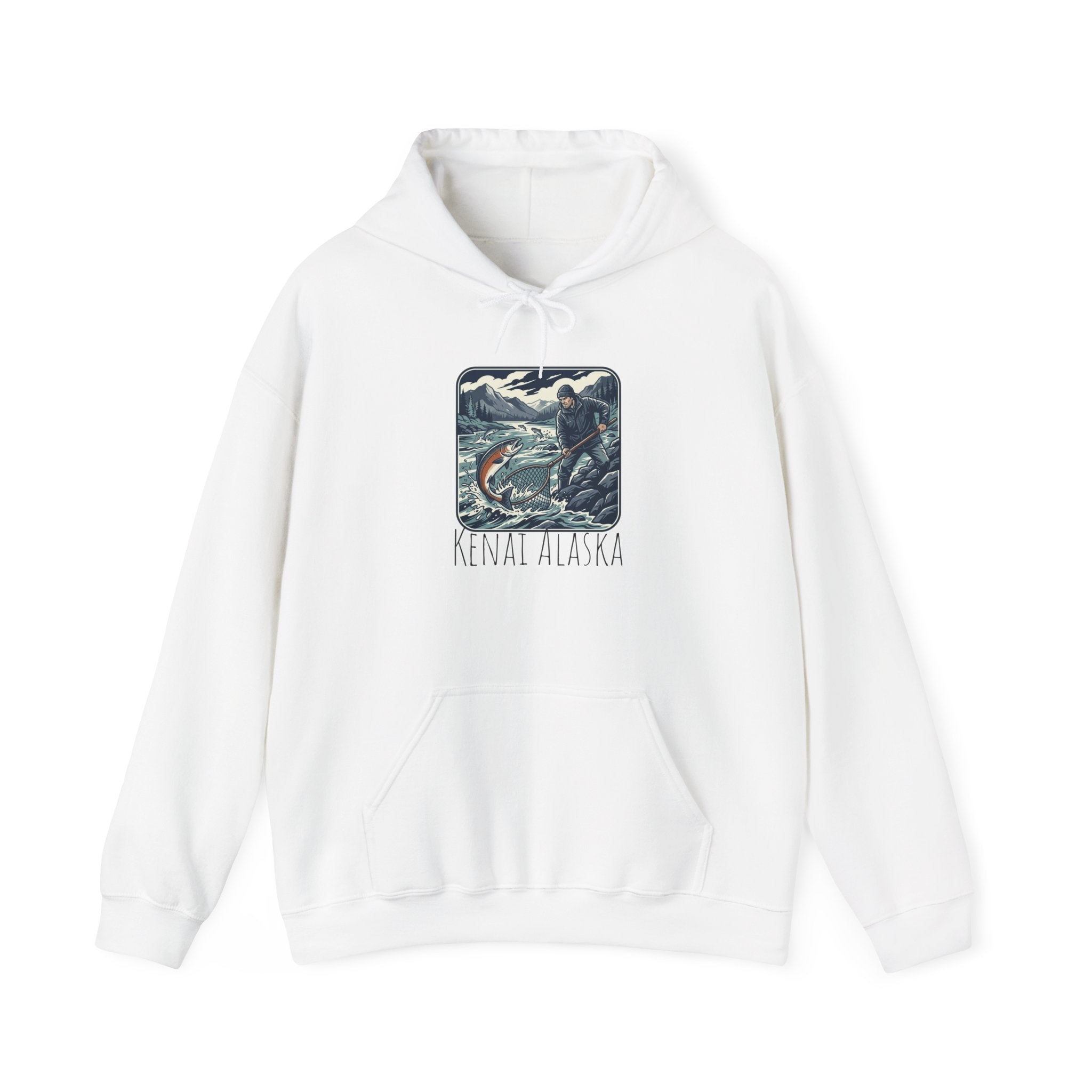 Kenai Alaska Fishing Hoodie – Vintage Salmon & River Scene