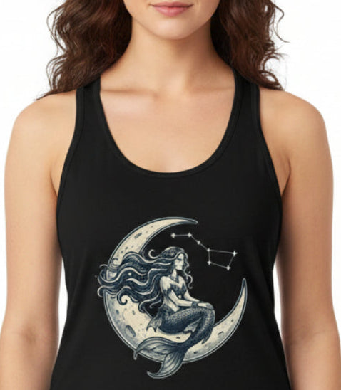 Mermaid on Crescent Moon Tank Top — Vintage Nautical Mermaid Graphic Tank
