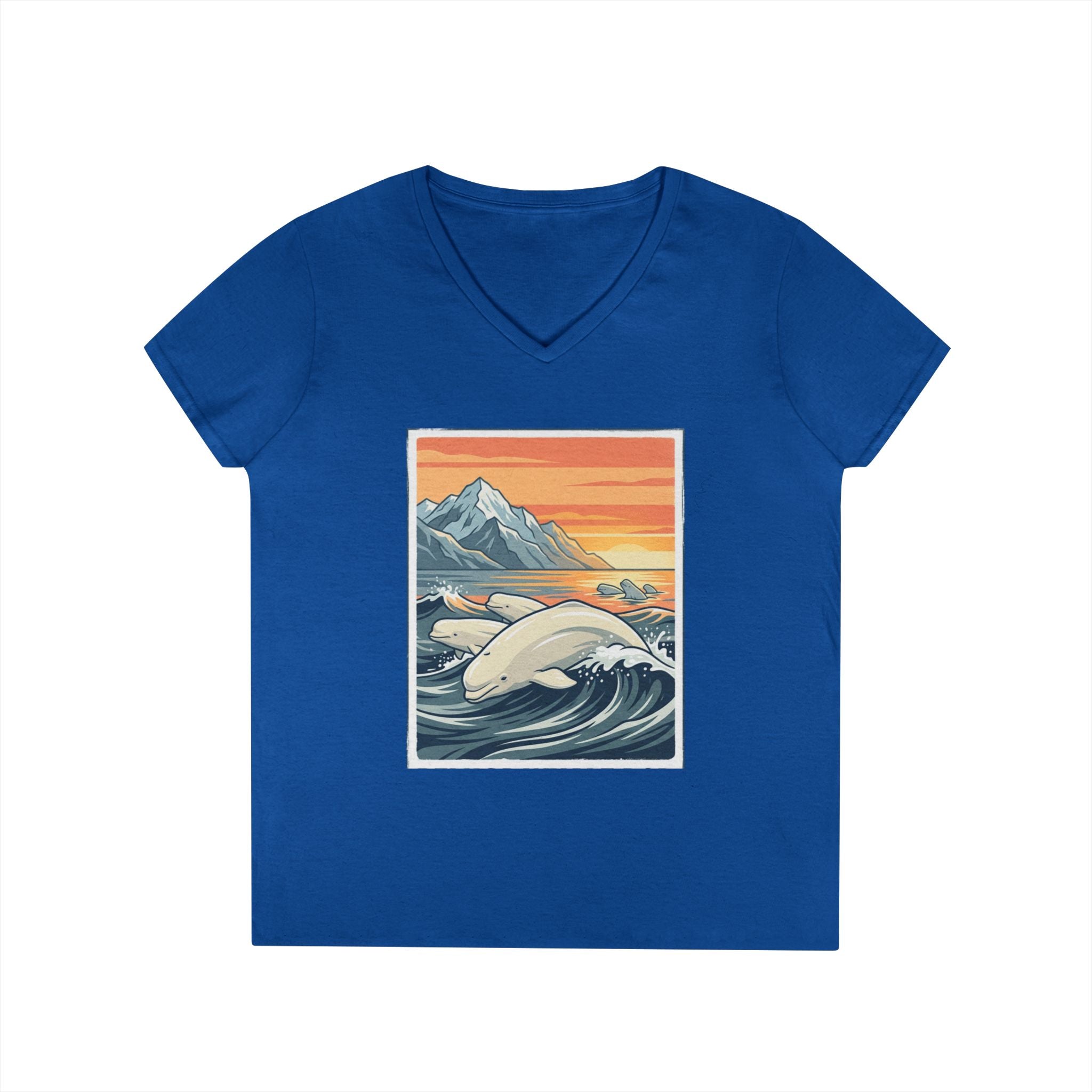 Sunset Beluga V-Neck T-Shirt — Whale Ocean Graphic Tee for Women