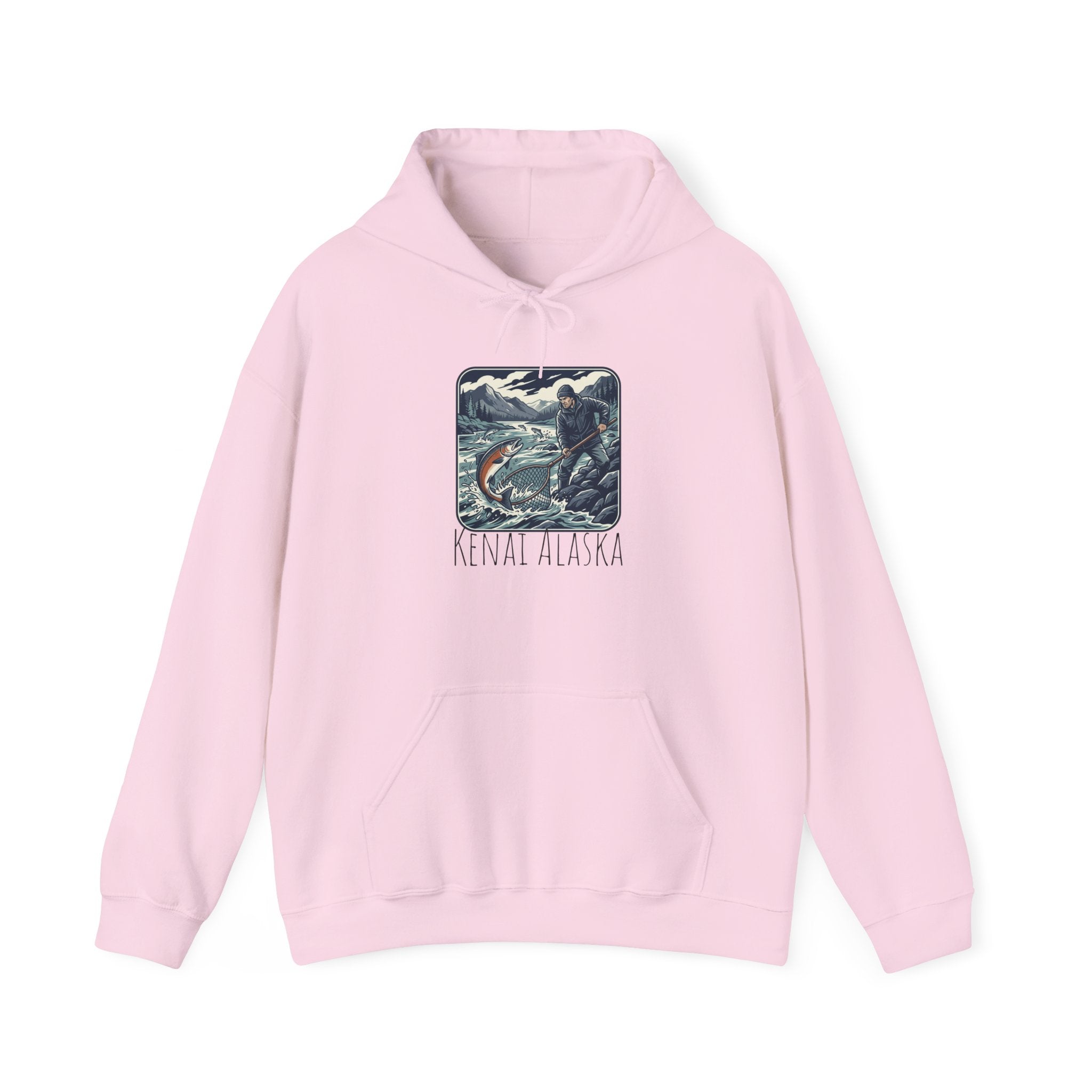 Kenai Alaska Fishing Hoodie – Vintage Salmon & River Scene