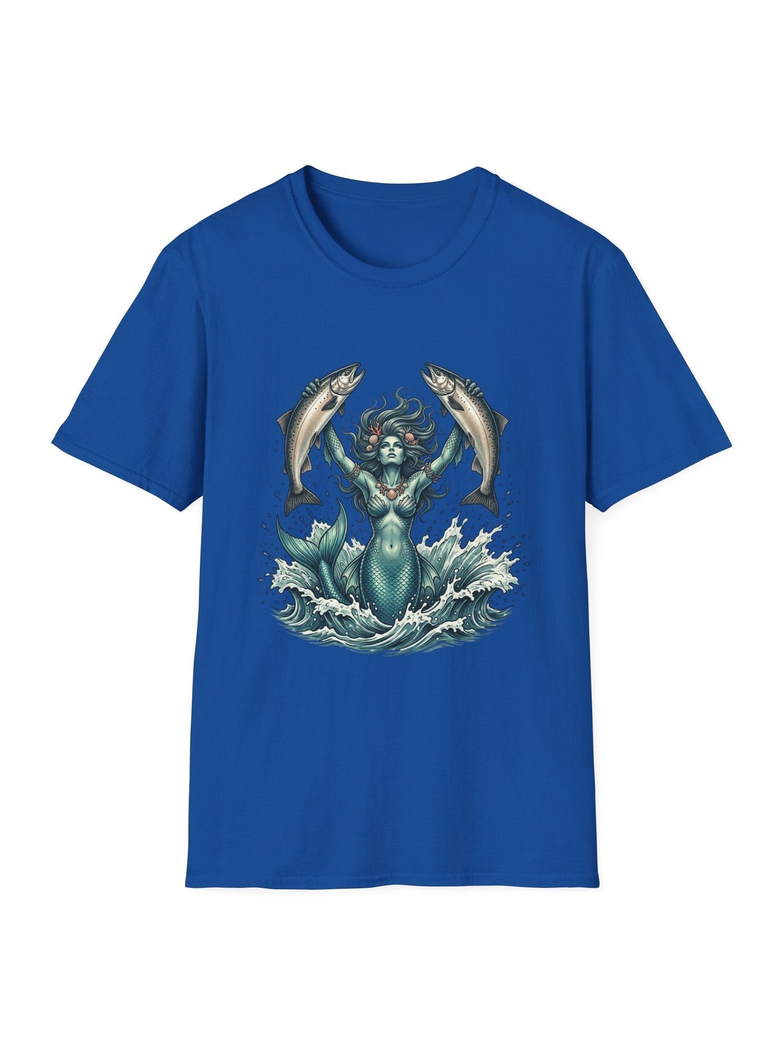 Mermaid & Salmon Graphic T-Shirt — Ocean Wave Fantasy Tee