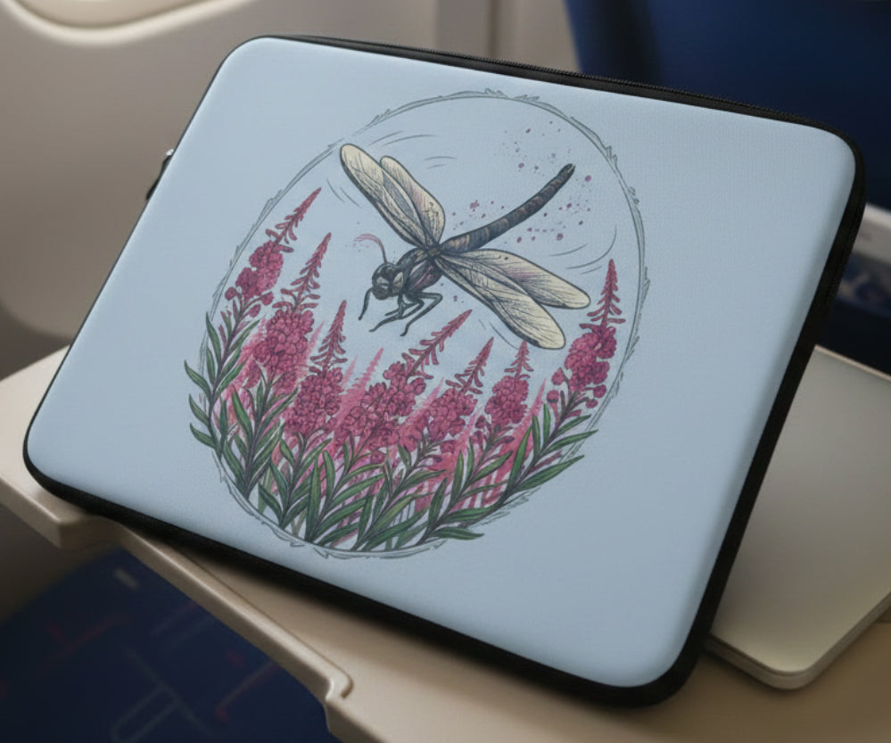 Dragonfly Floral Laptop Sleeve — Botanical Dragonfly Design