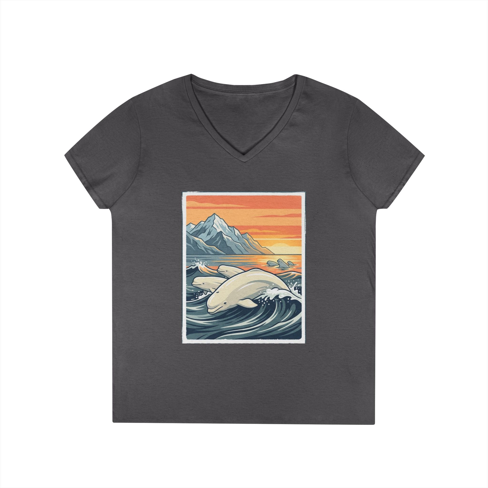 Sunset Beluga V-Neck T-Shirt — Whale Ocean Graphic Tee for Women