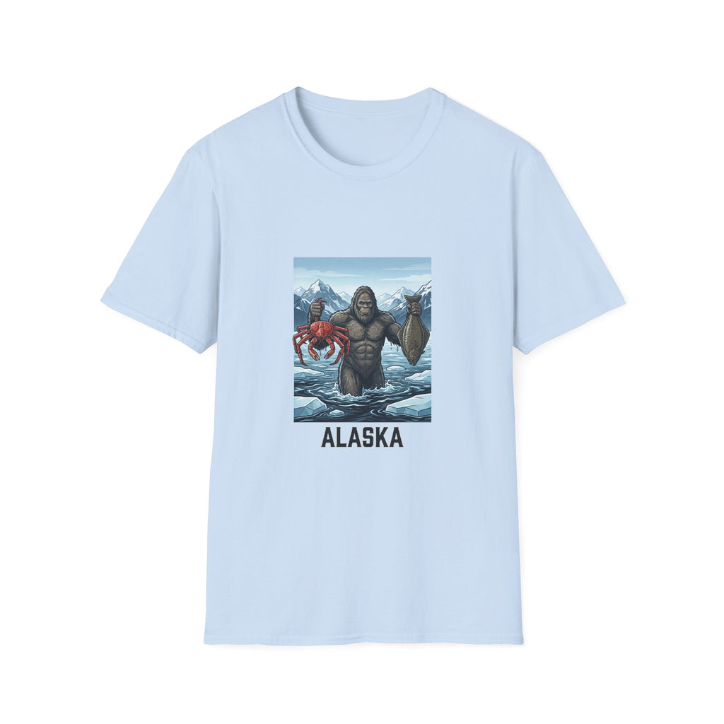Alaska Sasquatch Holding Crab & Fish T‑Shirt — Funny Alaska Vacation Tee