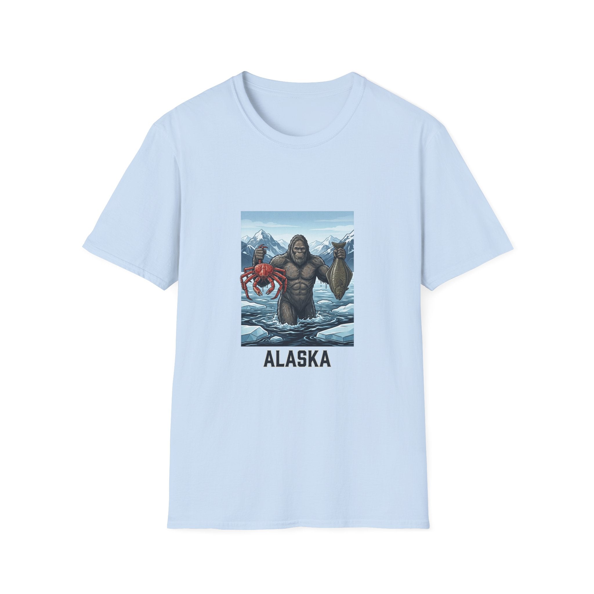 Alaska Sasquatch Holding Crab & Fish T‑Shirt — Funny Alaska Vacation Tee
