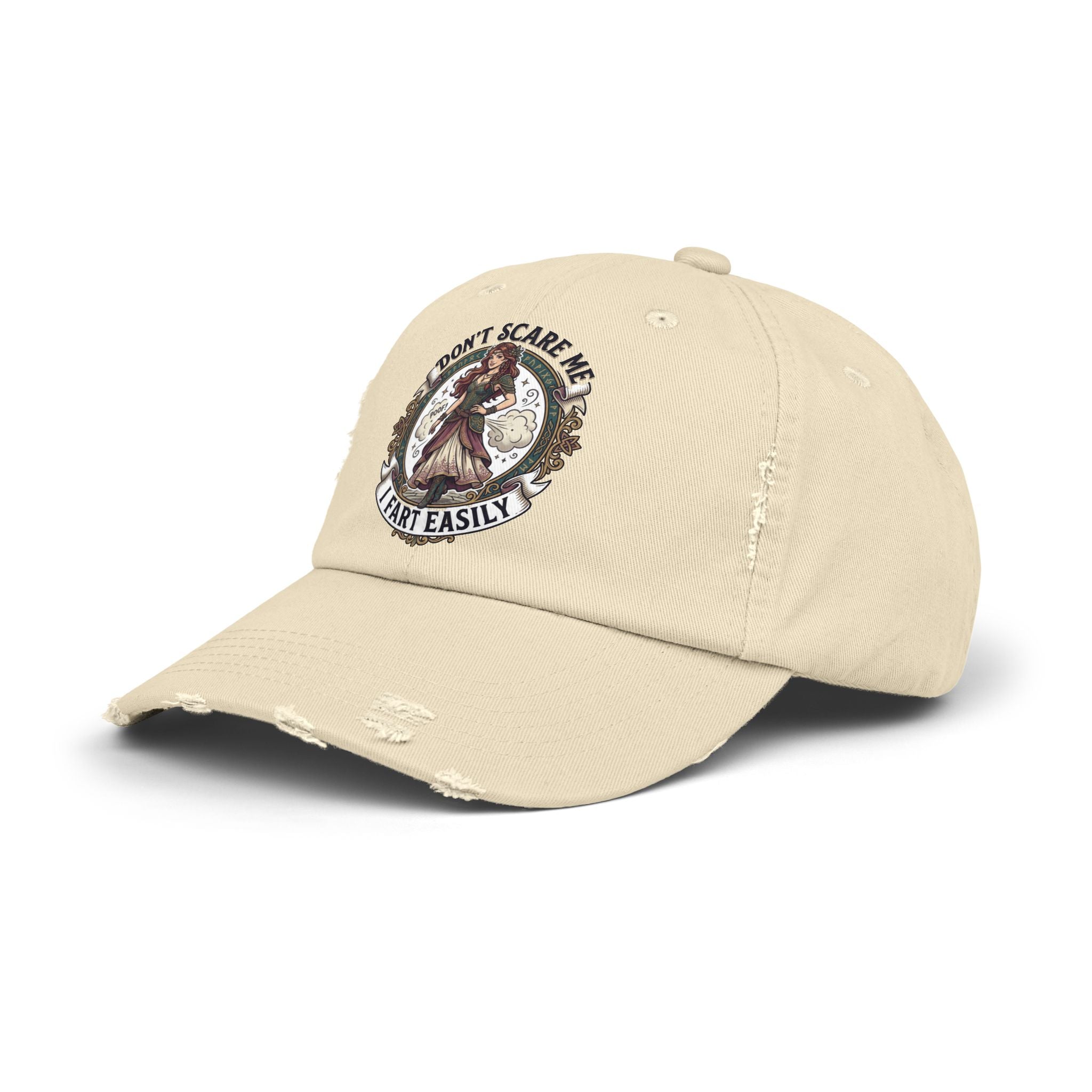 Distressed Cap — "Don't Scare Me, I Fart Easily" Vintage Witch Design