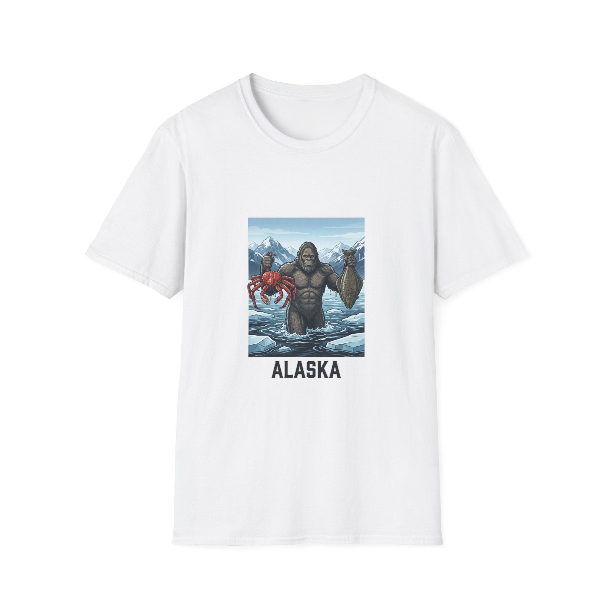Alaska Sasquatch Holding Crab & Fish T‑Shirt — Funny Alaska Vacation Tee