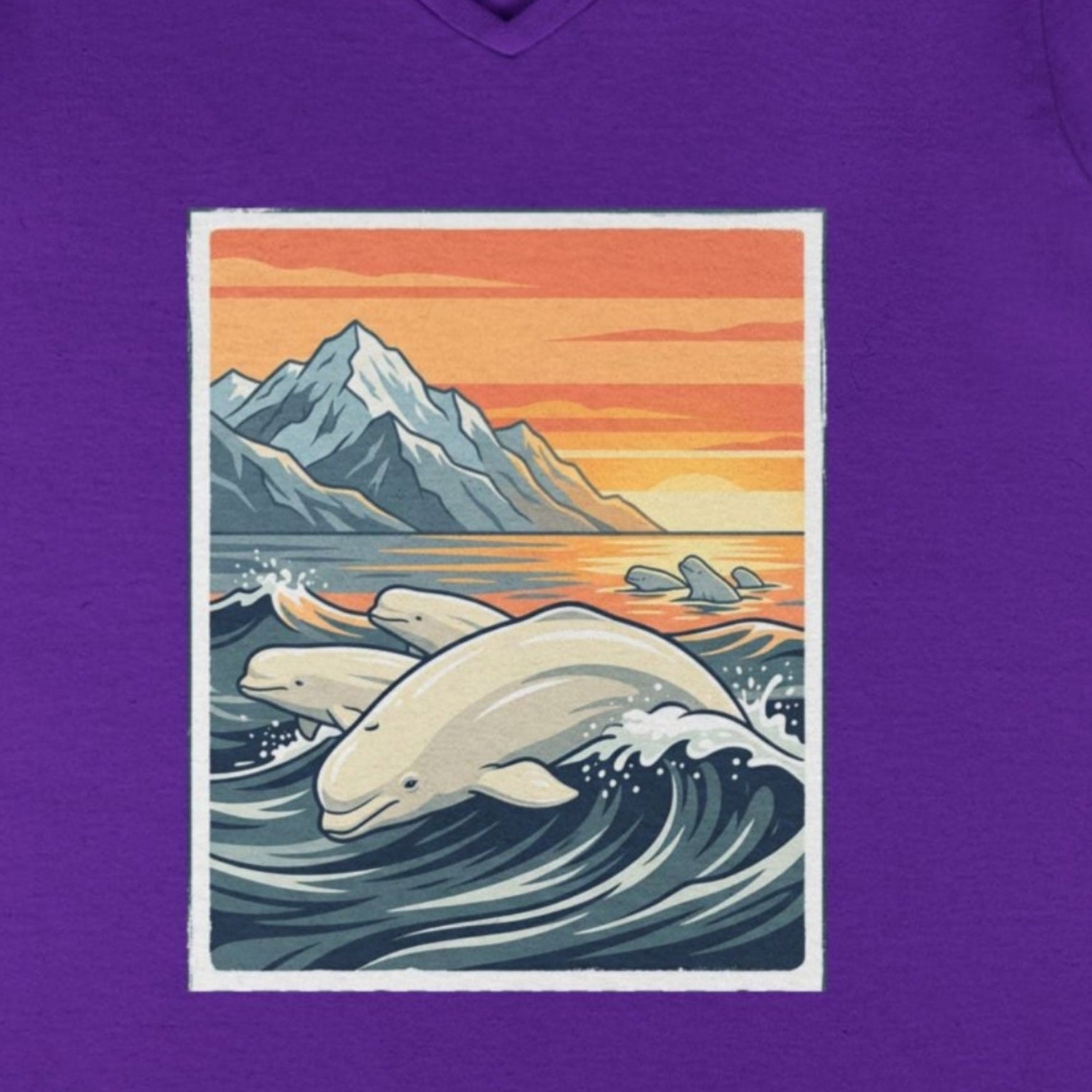Sunset Beluga V-Neck T-Shirt — Whale Ocean Graphic Tee for Women
