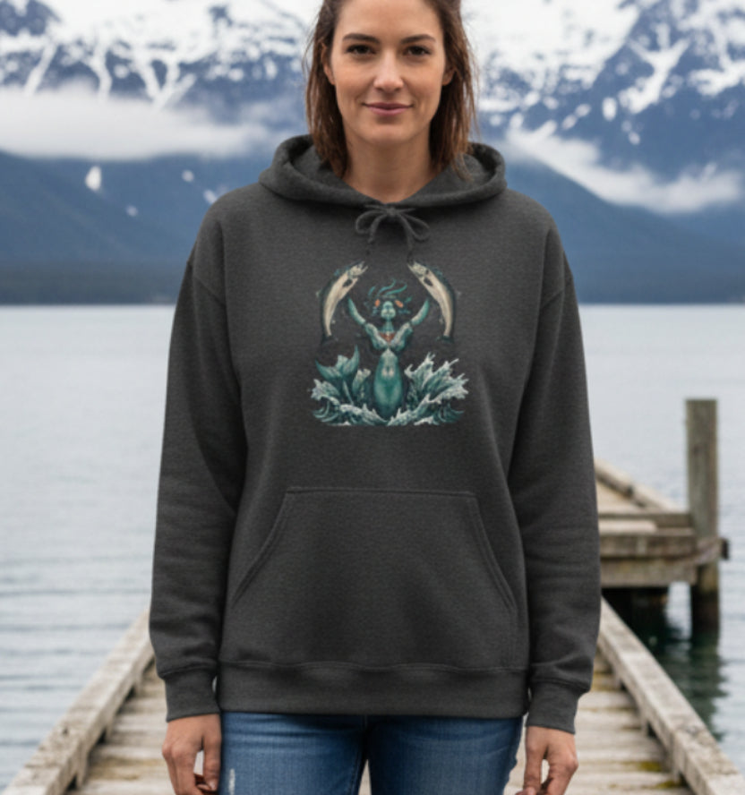 Sea Guardian Hoodie — Mythical Mermaid with Her Salmon