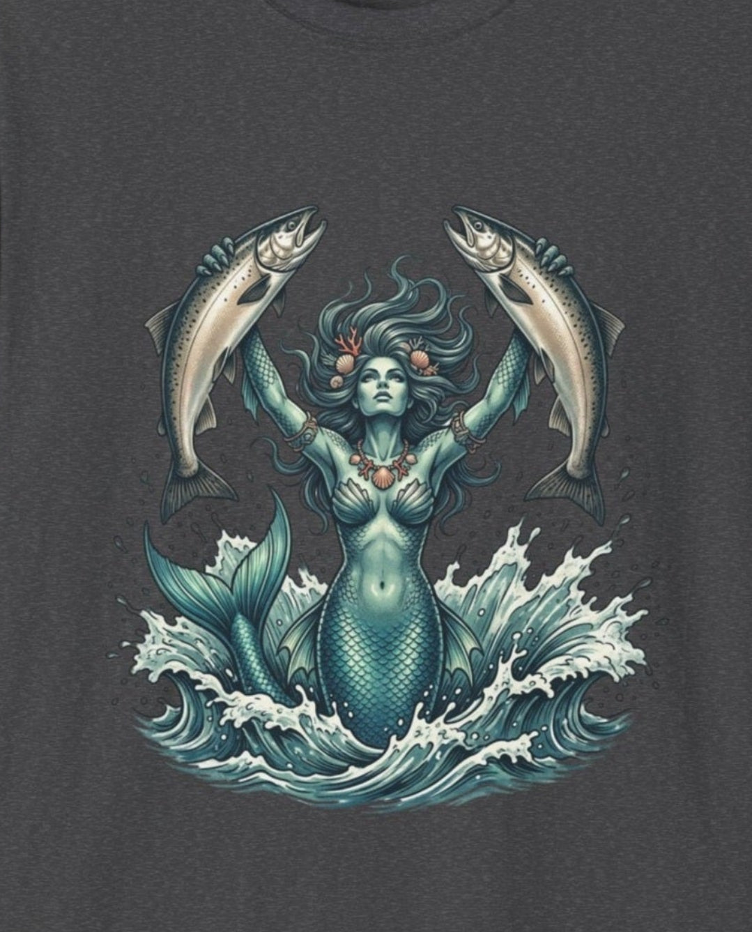 Mermaid & Salmon Graphic T-Shirt — Ocean Wave Fantasy Tee