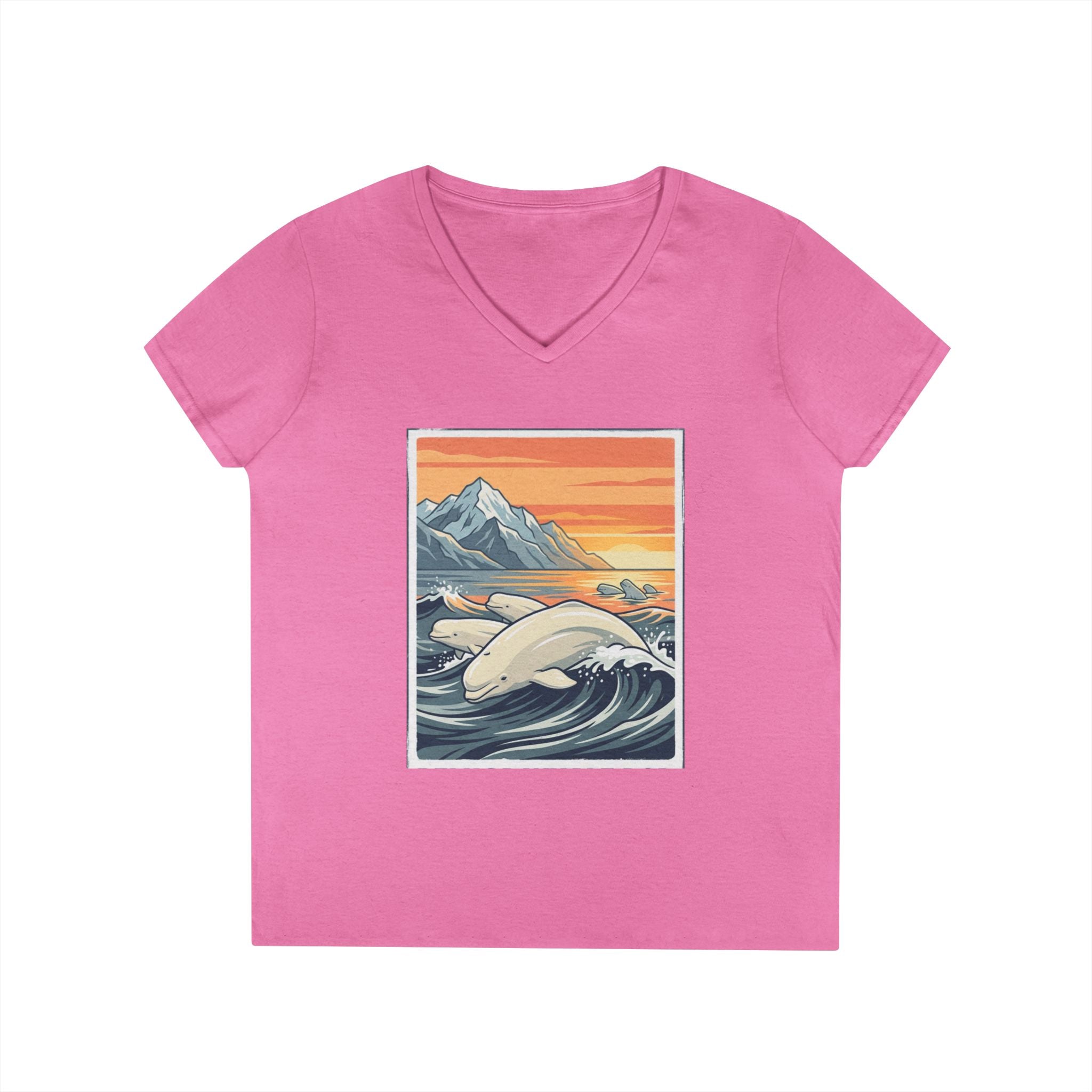 Sunset Beluga V-Neck T-Shirt — Whale Ocean Graphic Tee for Women