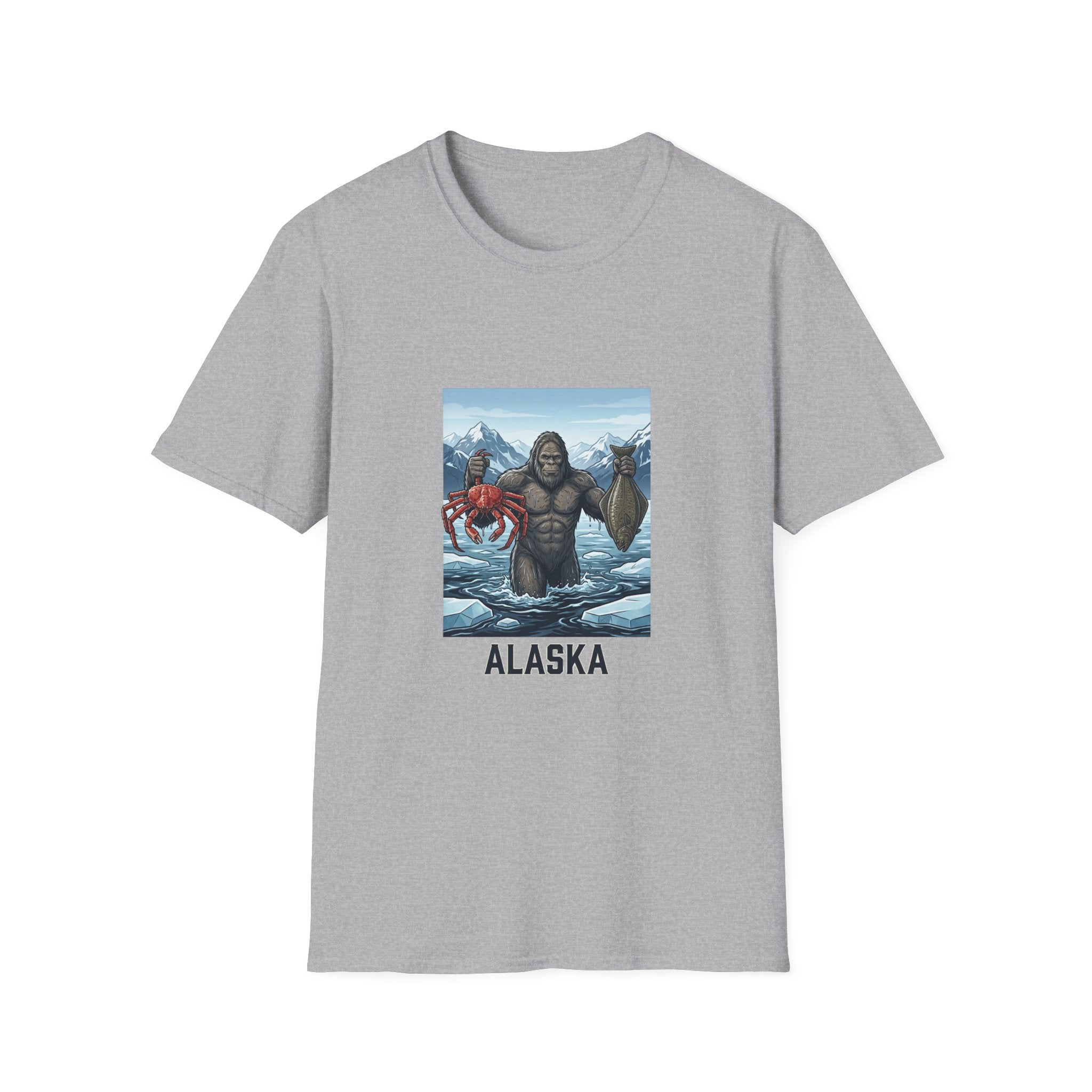 Alaska Sasquatch Holding Crab & Fish T‑Shirt — Funny Alaska Vacation Tee