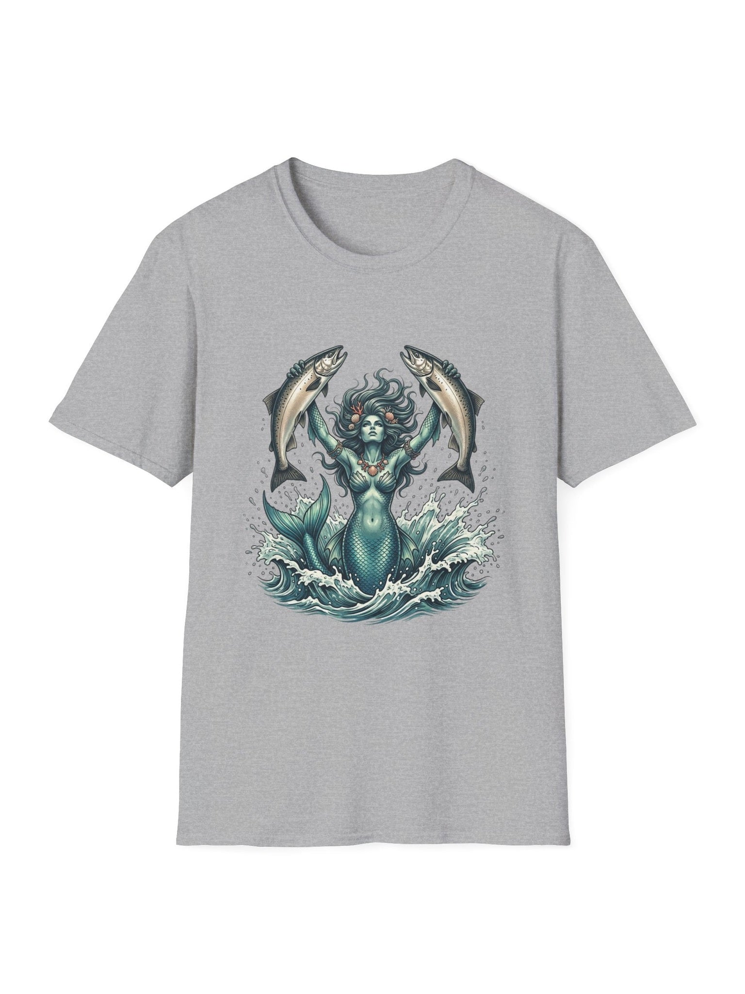 Mermaid & Salmon Graphic T-Shirt — Ocean Wave Fantasy Tee