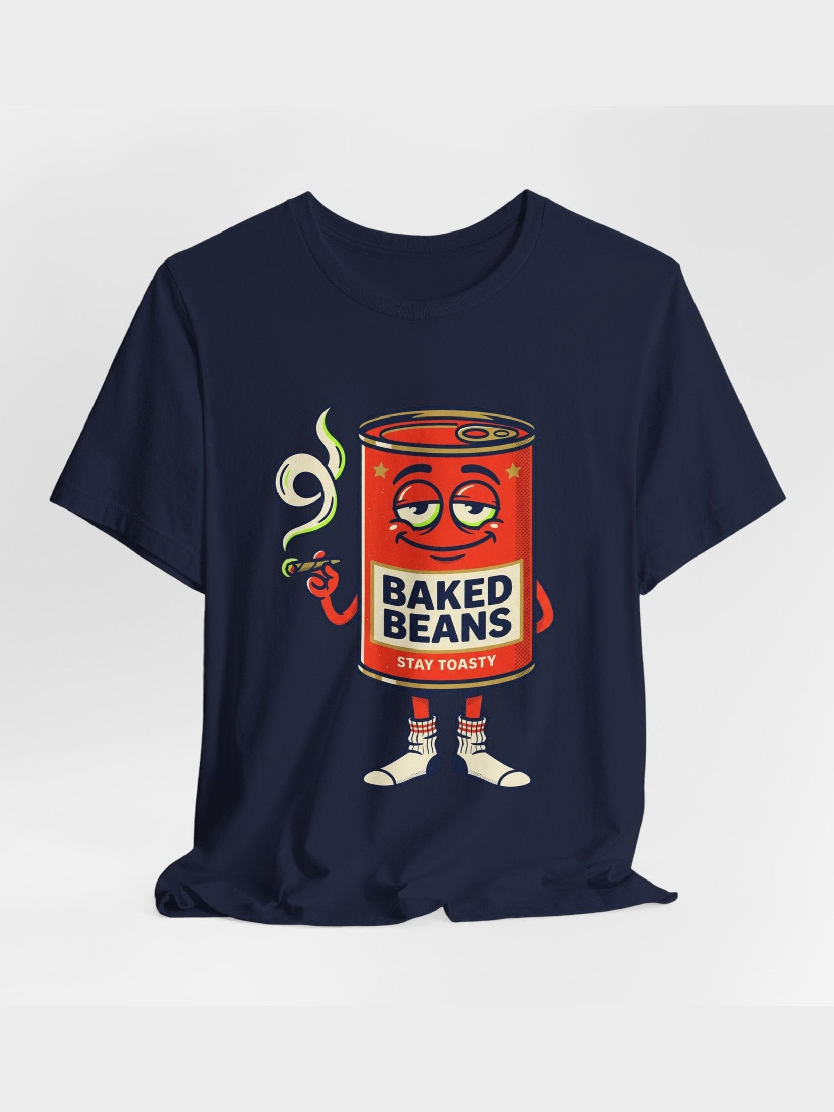 Baked Beans Graphic Tee — Retro Cartoon 'Stay Toasty' Can Design
