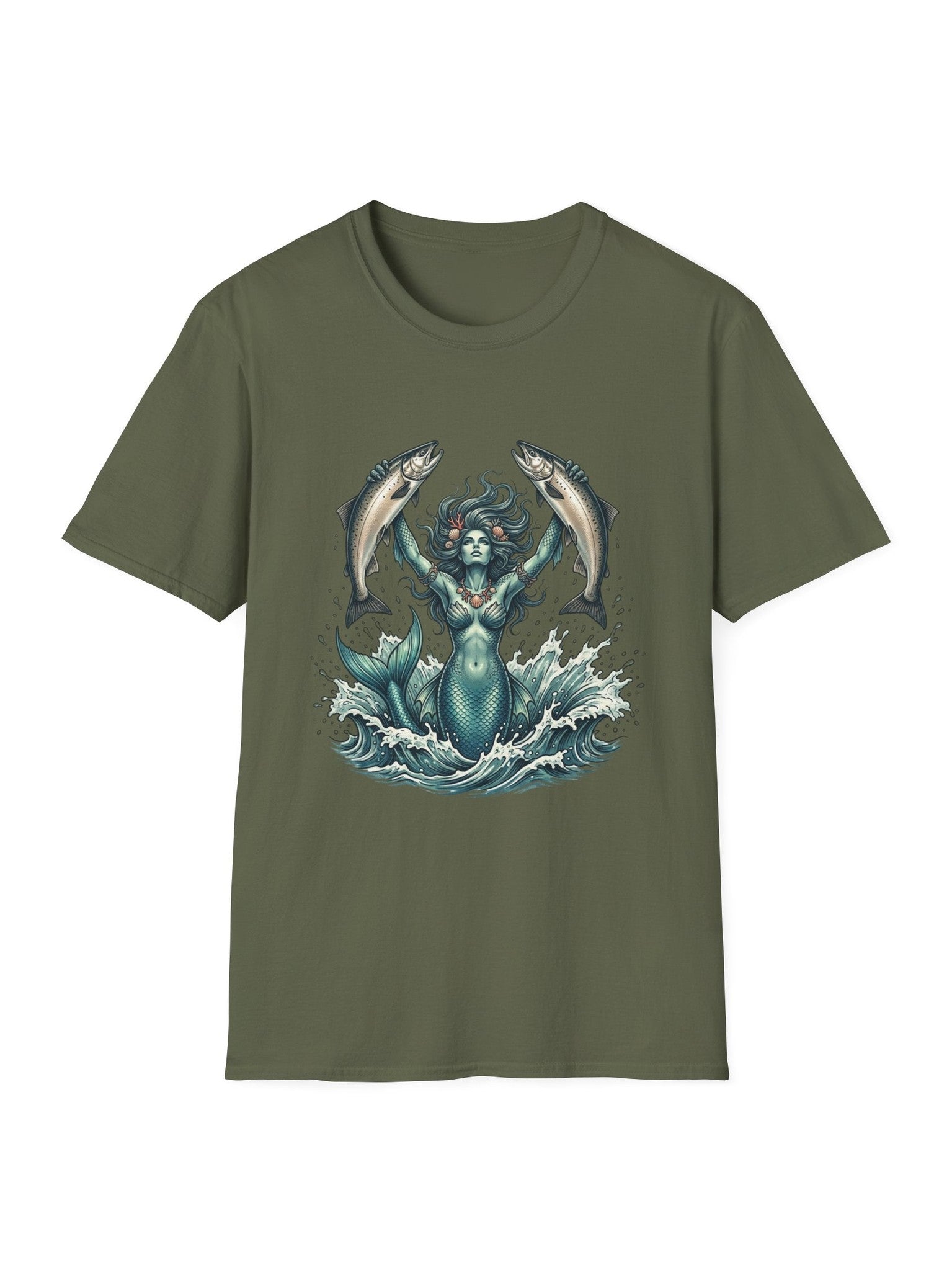 Mermaid & Salmon Graphic T-Shirt — Ocean Wave Fantasy Tee
