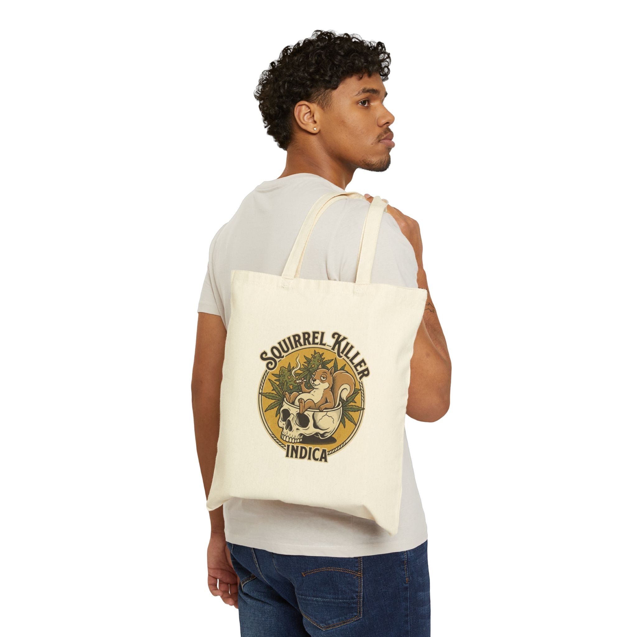 Squirrel Killer Indica Tote Bag — Funny Cannabis Bud Illustration Cotton Canvas Tote