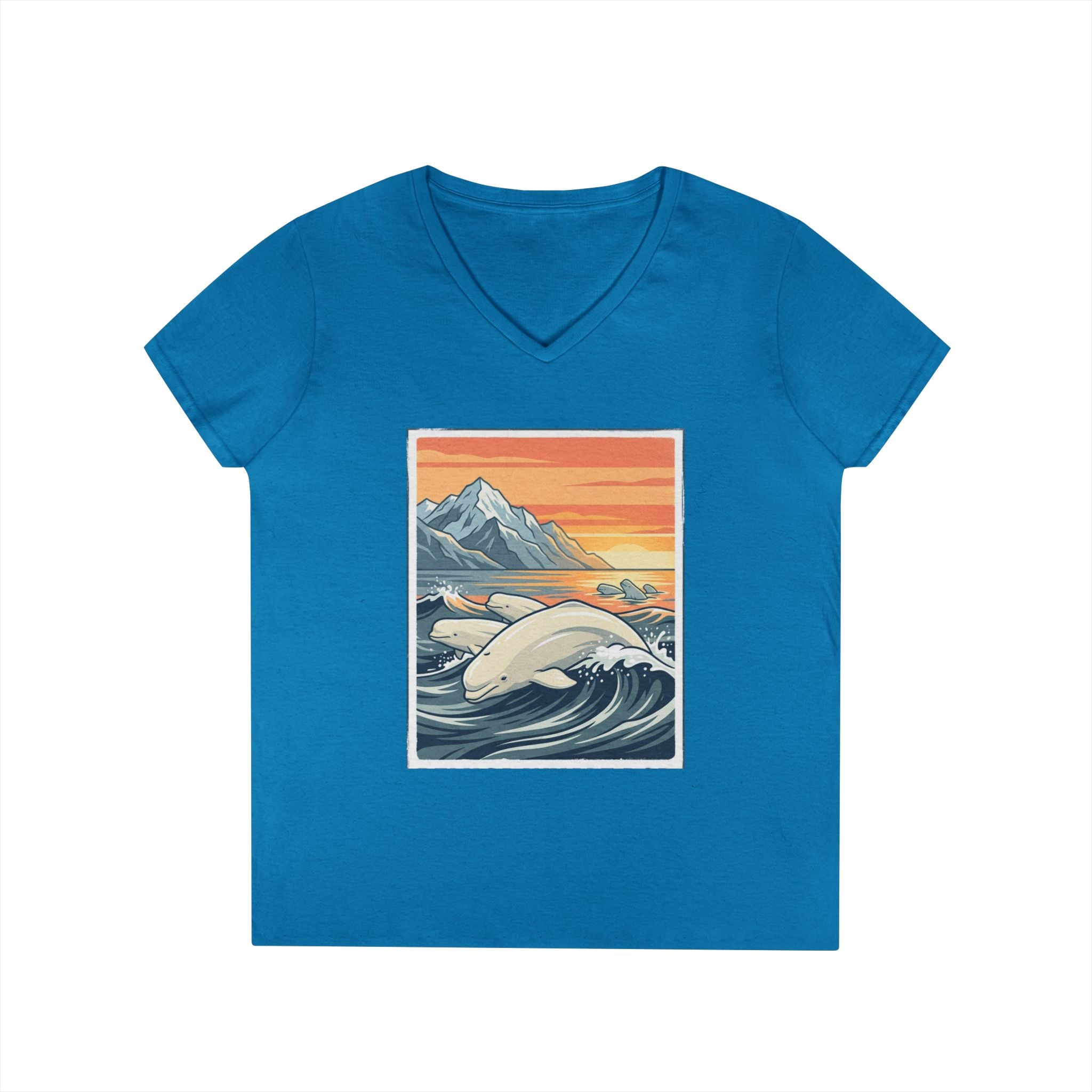 Sunset Beluga V-Neck T-Shirt — Whale Ocean Graphic Tee for Women