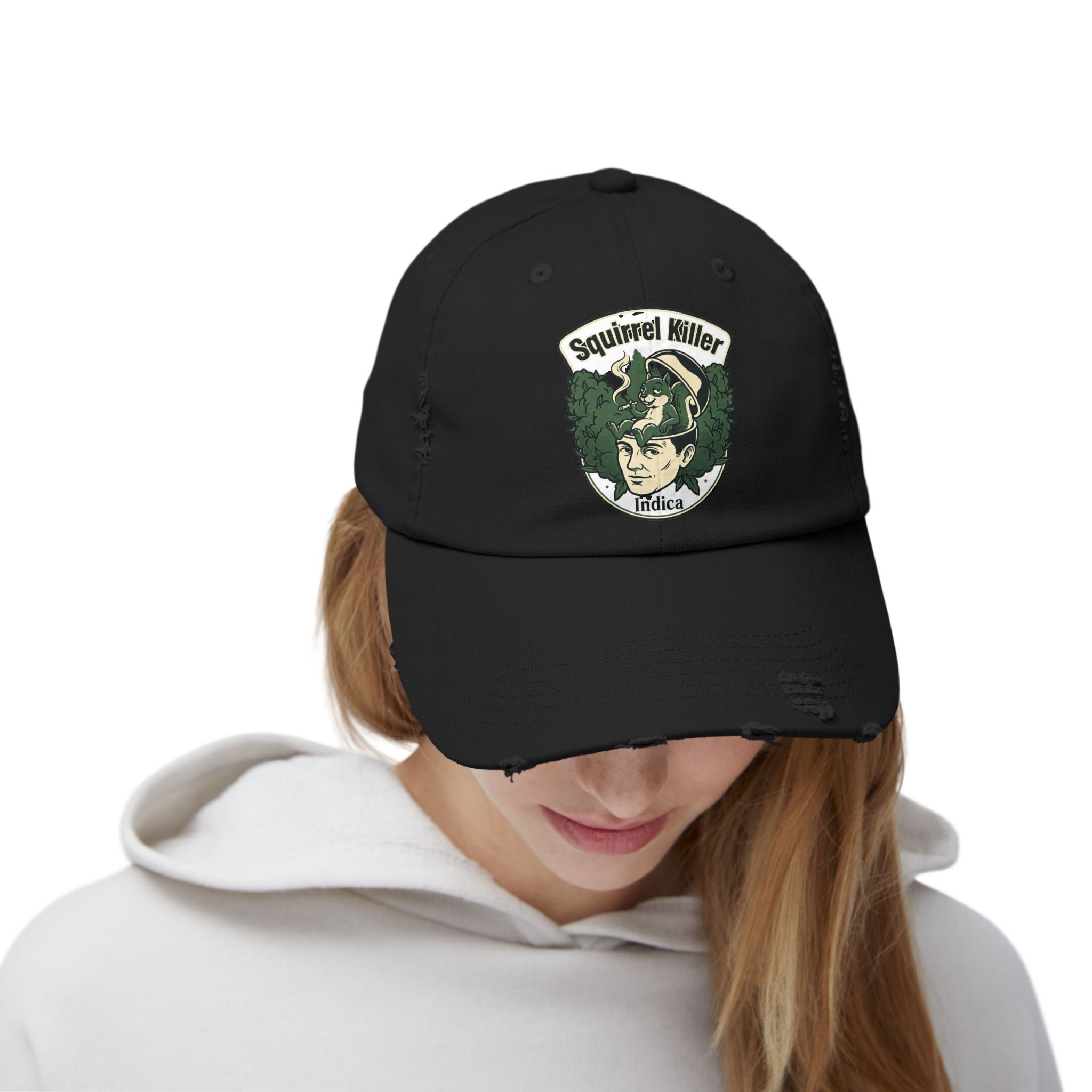 Distressed Baseball Cap — "Squirrel Killer Indica" Retro Patch