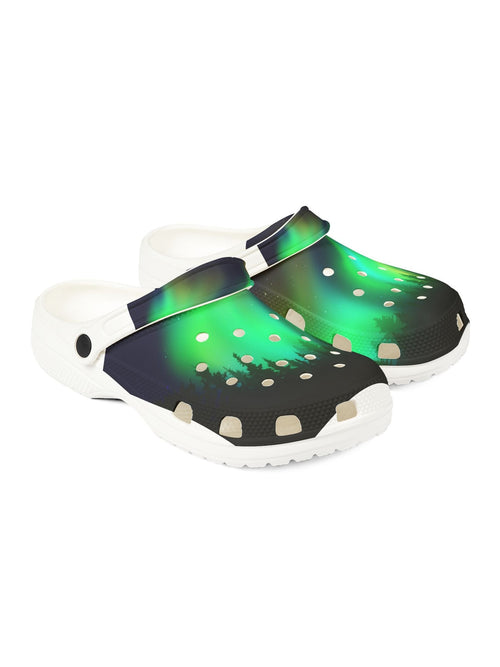 Aurora Glow EVA Clogs — Green Northern Lights Printed Foam Shoes