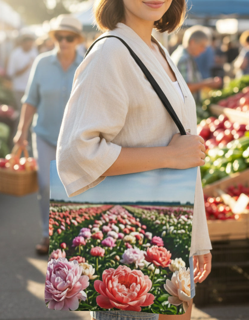 Floral Peony Field Tote Bag — Summer Garden All-Over Print