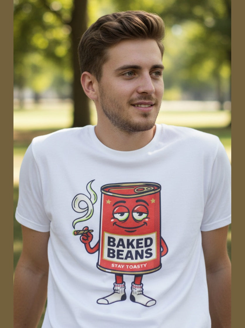 Baked Beans Graphic Tee — Retro Cartoon 'Stay Toasty' Can Design