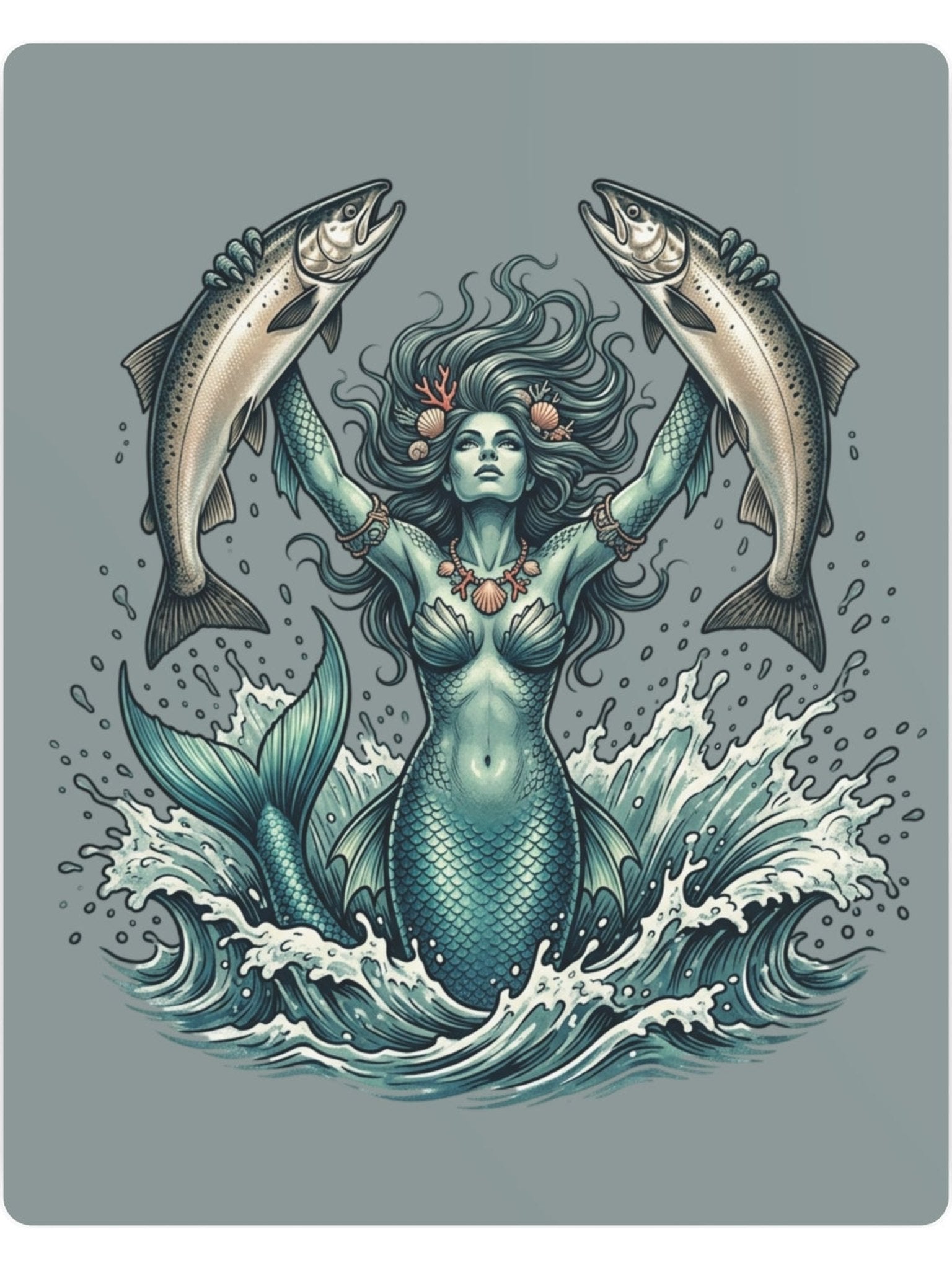 Mermaid Holding Salmon Metal Art Sign — Nautical Wall Decor for Fishermen & Coastal Homes