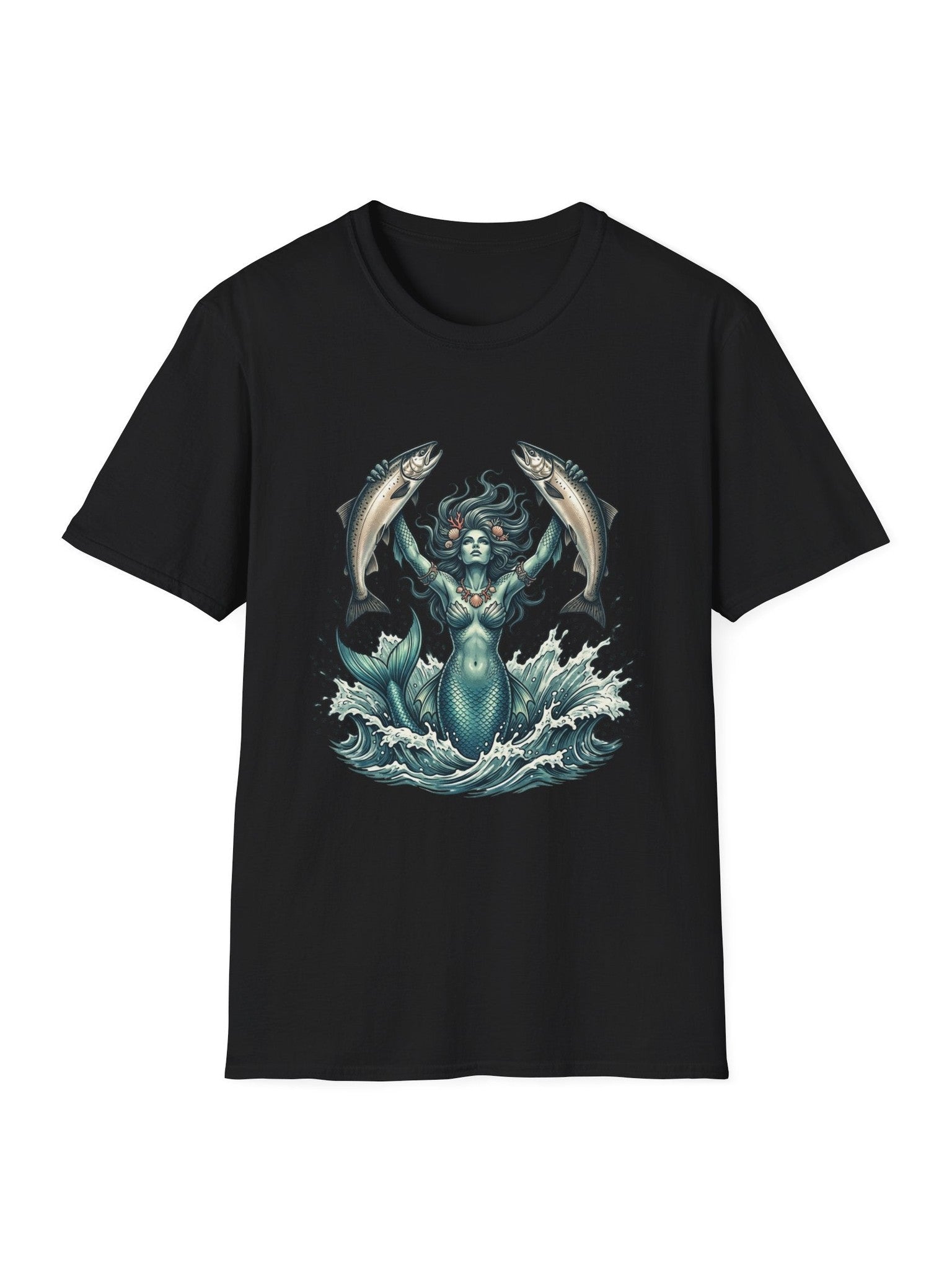 Mermaid & Salmon Graphic T-Shirt — Ocean Wave Fantasy Tee