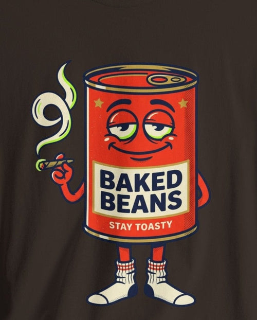 Baked Beans Graphic Tee — Retro Cartoon 'Stay Toasty' Can Design