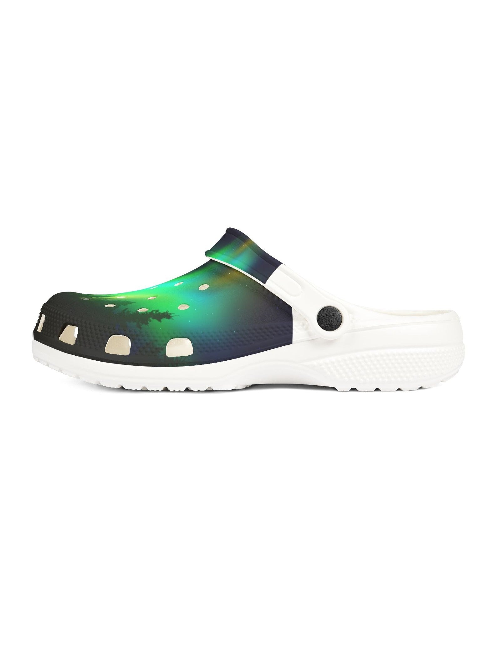 Aurora Glow EVA Clogs — Green Northern Lights Printed Foam Shoes