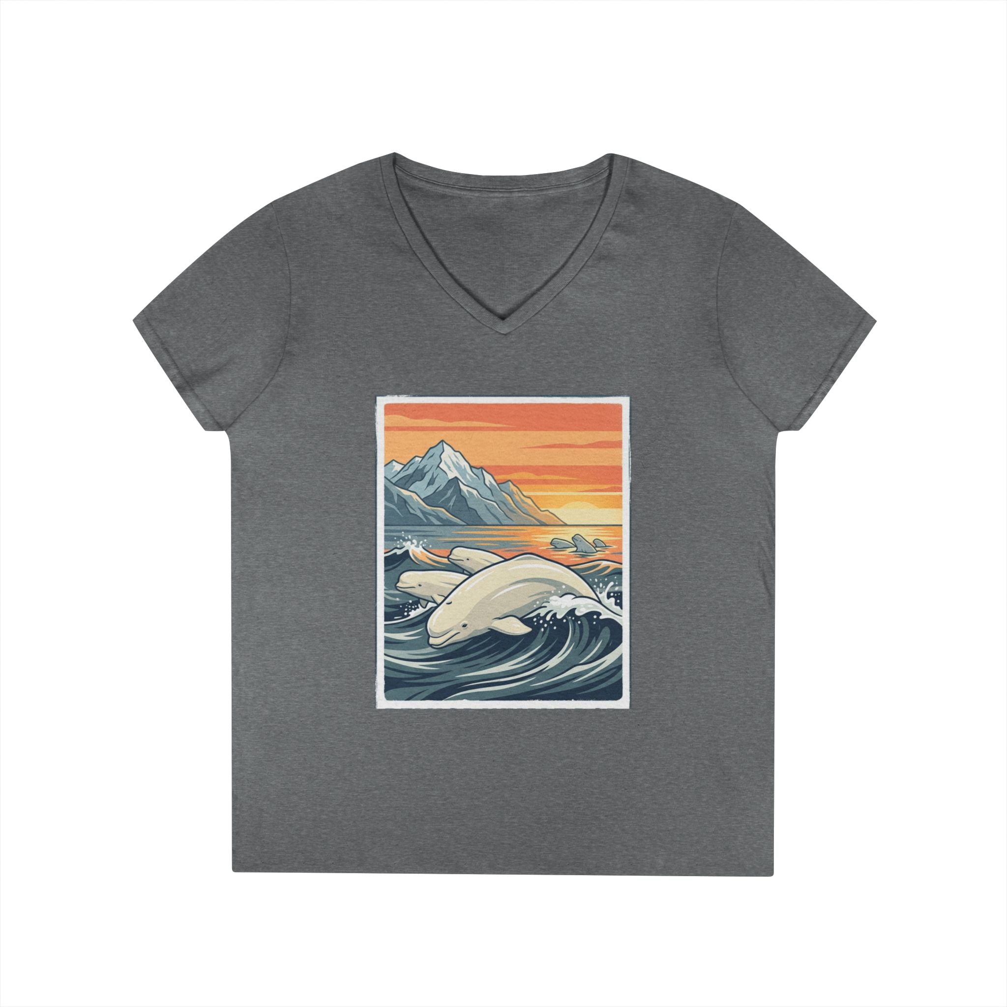 Sunset Beluga V-Neck T-Shirt — Whale Ocean Graphic Tee for Women