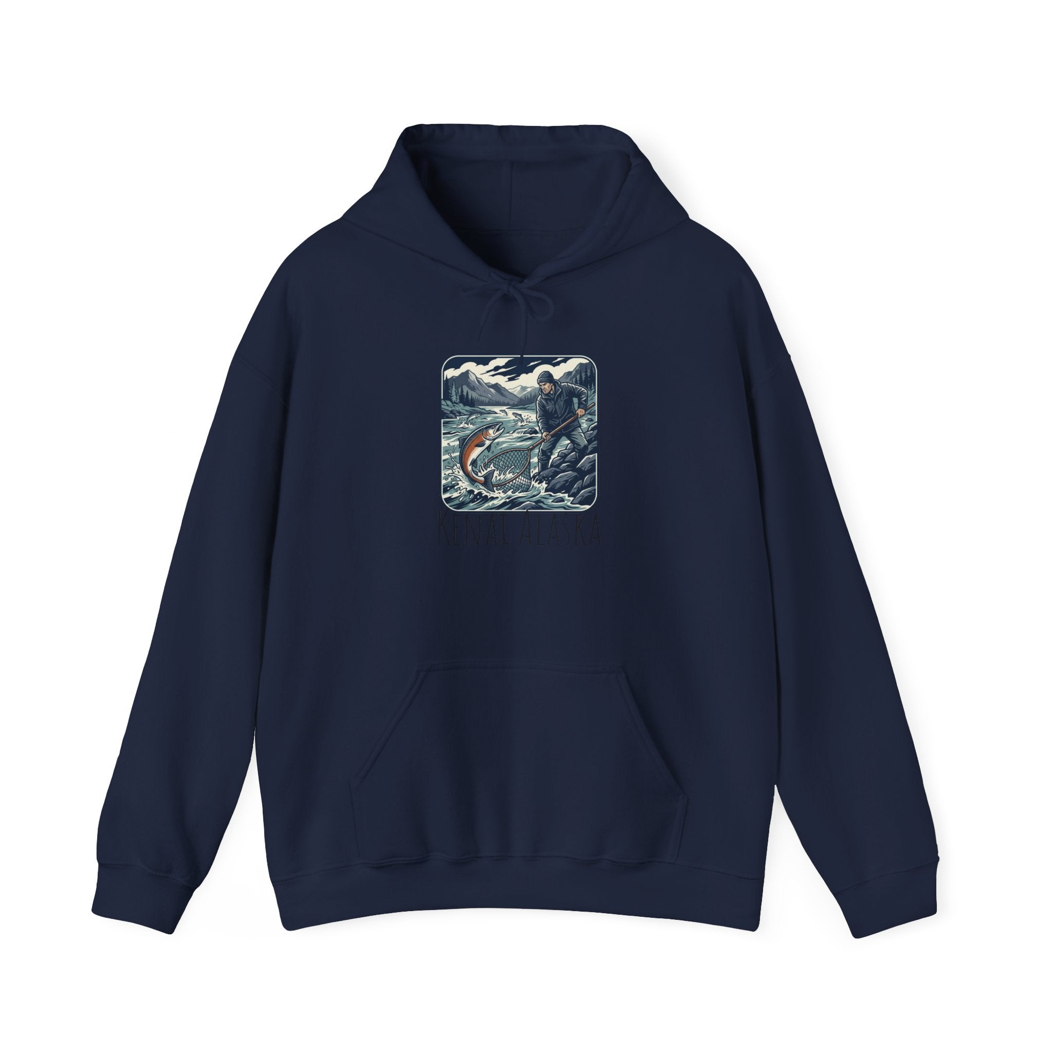 Kenai Alaska Fishing Hoodie – Vintage Salmon & River Scene