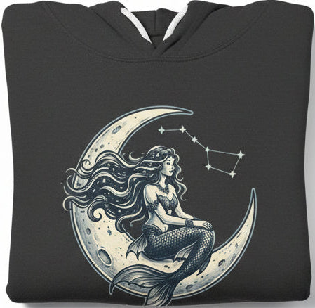 Moon Mermaid Hoodie — Vintage Crescent Moon Mermaid Graphic Fleece Hoodie