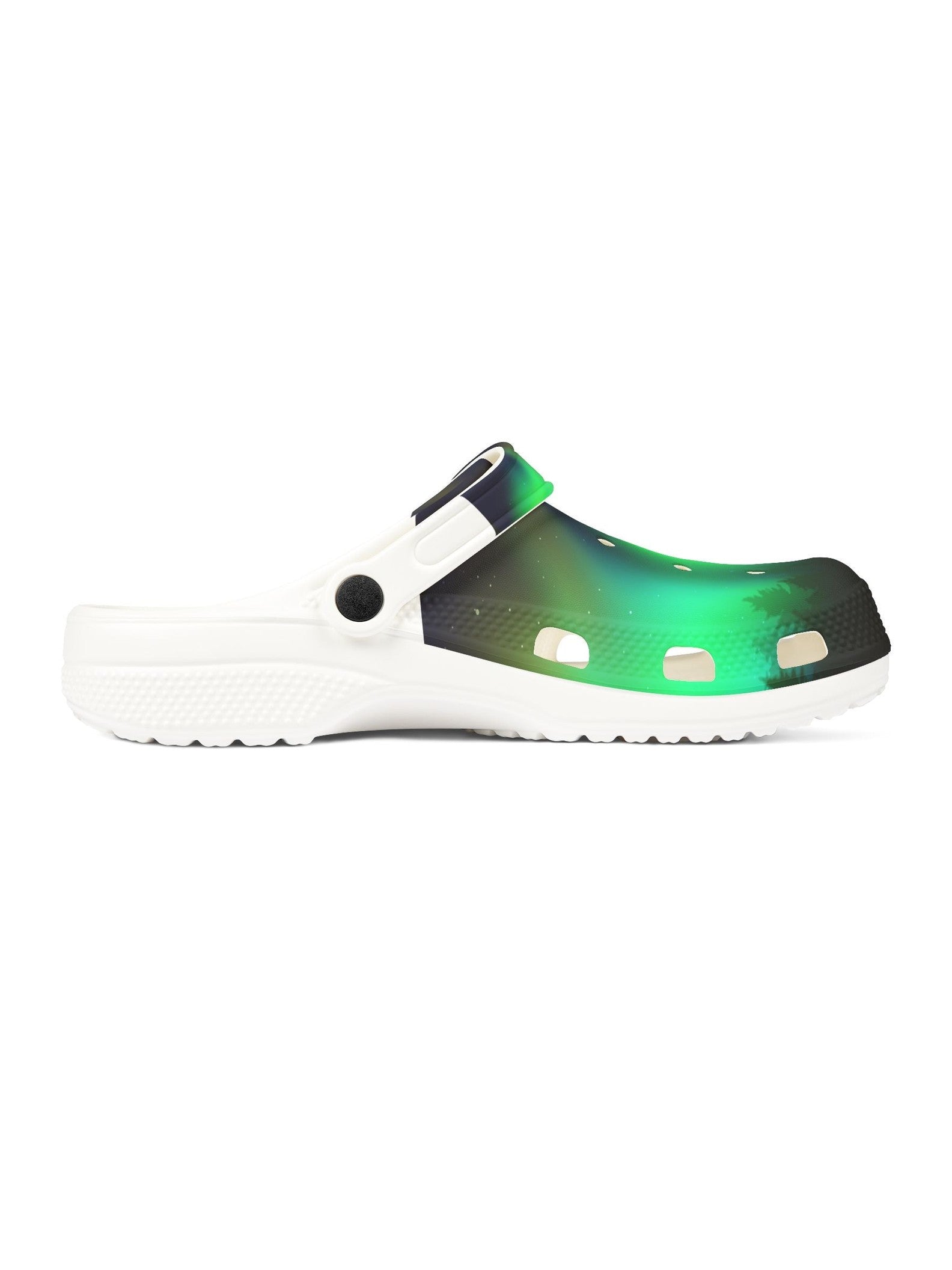 Aurora Glow EVA Clogs — Green Northern Lights Printed Foam Shoes