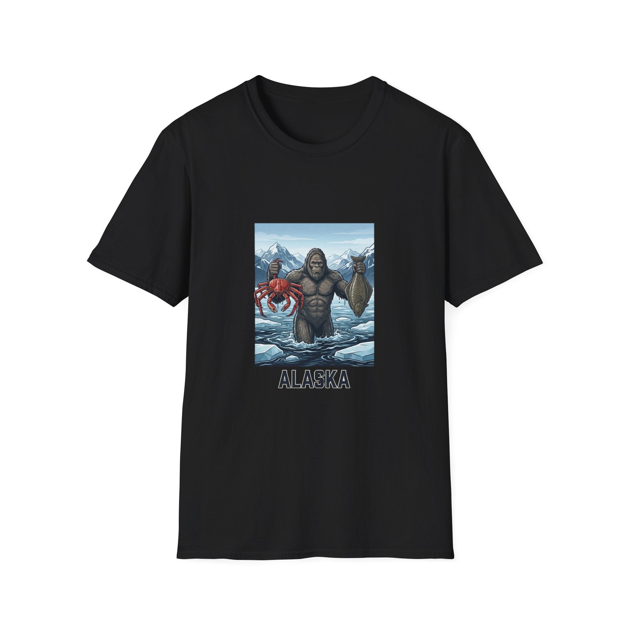 Alaska Sasquatch Holding Crab & Fish T‑Shirt — Funny Alaska Vacation Tee