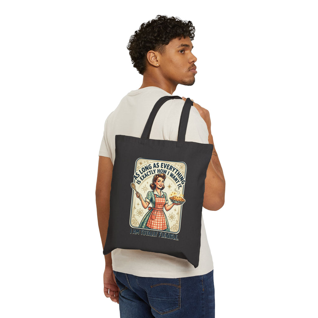 Tote Bag — Retro Homemaker Design "I'm Totally Flexible" Cotton Canvas Grocery Tote