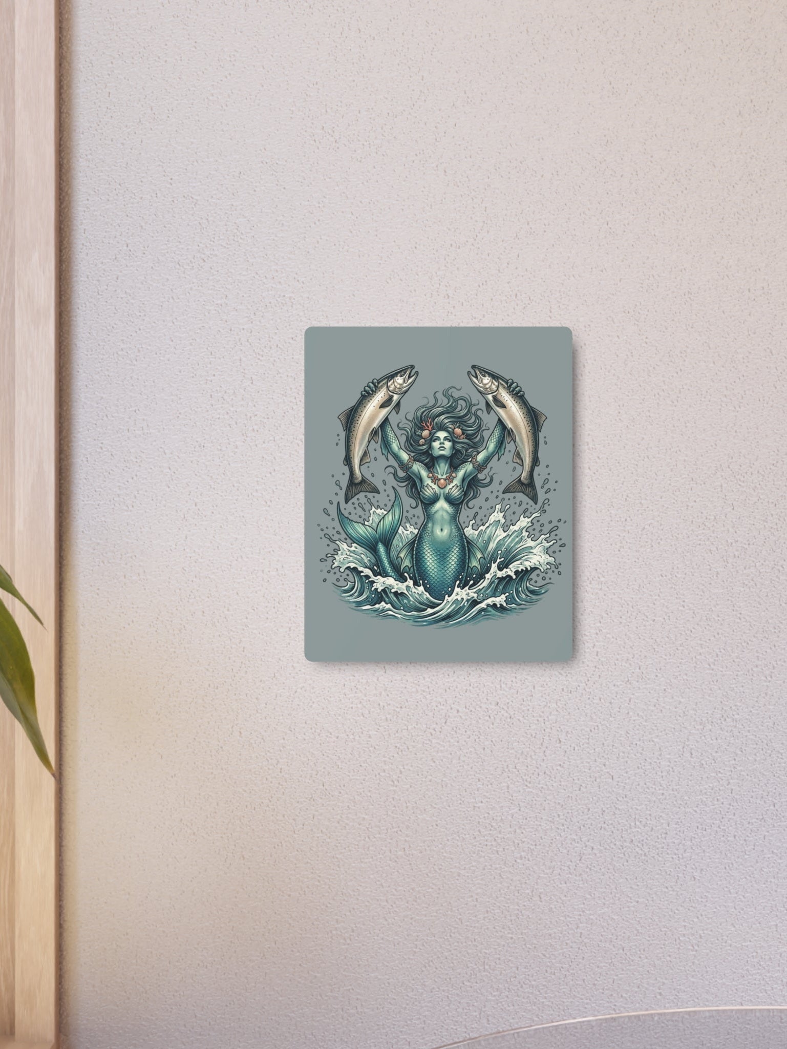 Mermaid Holding Salmon Metal Art Sign — Nautical Wall Decor for Fishermen & Coastal Homes